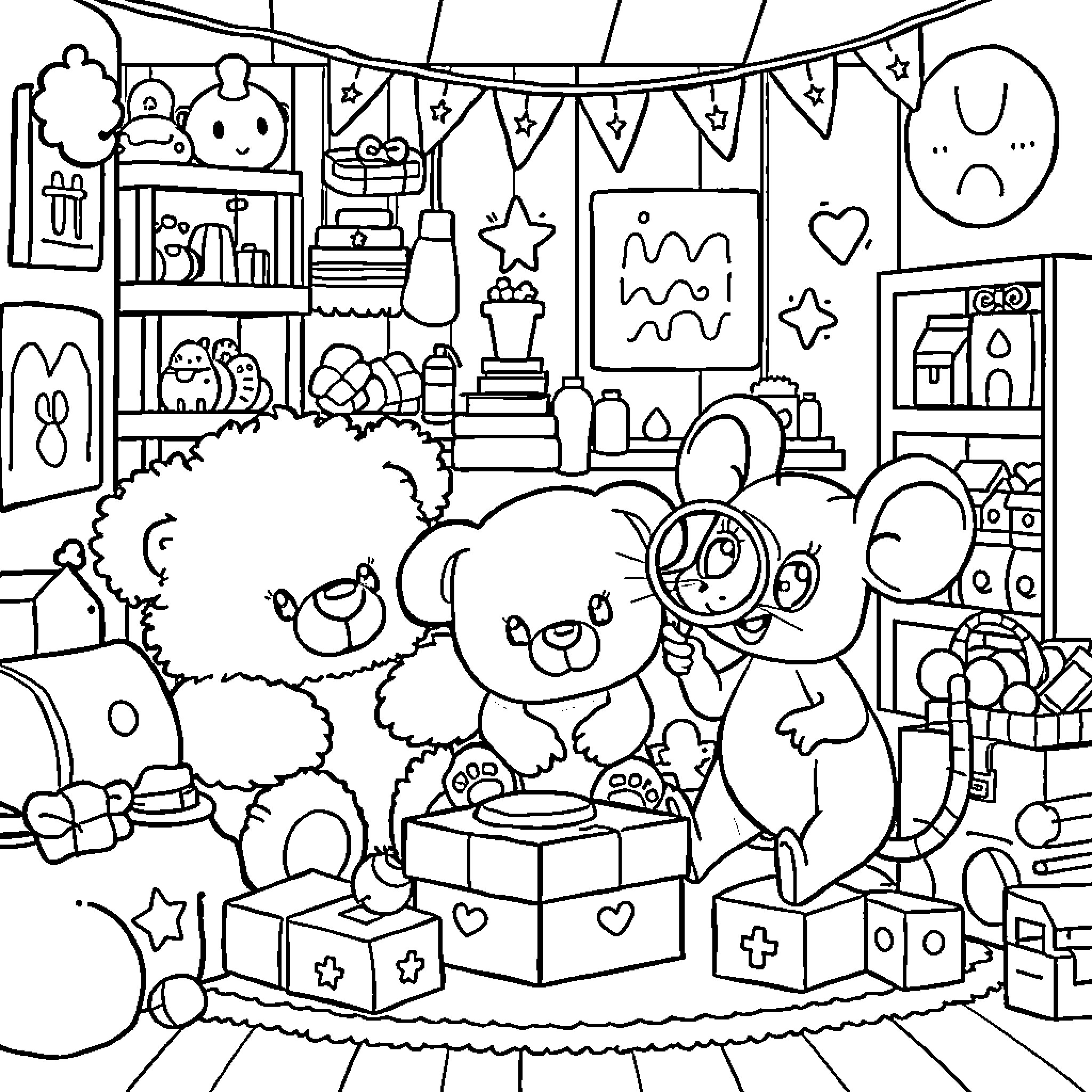 Animal Friends Celebrating a Party Coloring Page (free black-and-white line drawing printable PDF for all, from beginners to advanced learners, including children, teens, adults, and seniors)