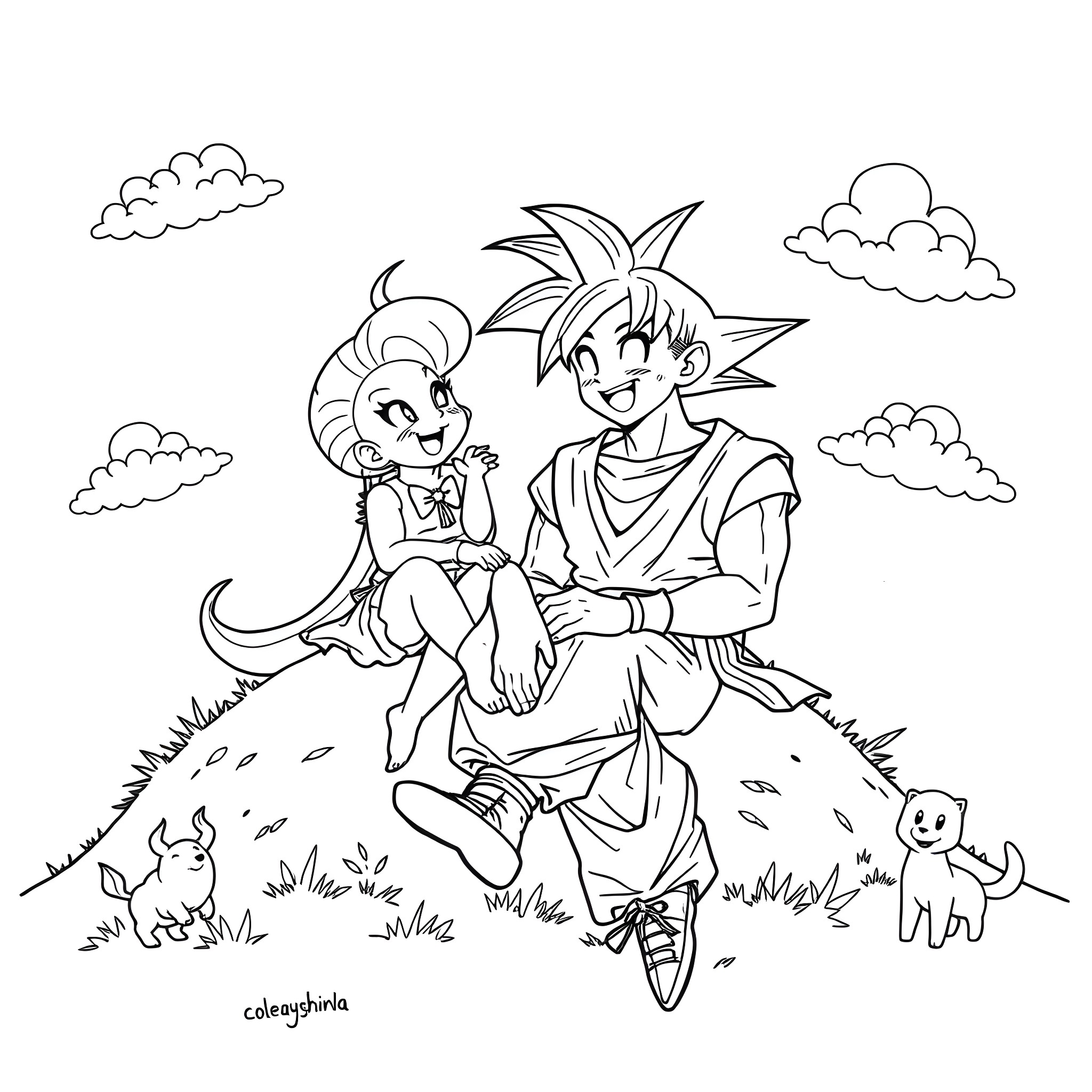 Goku and friends enjoying a peaceful day Coloring Page (free black-and-white line drawing printable PDF for all, from beginners to advanced learners, including children, teens, adults, and seniors)