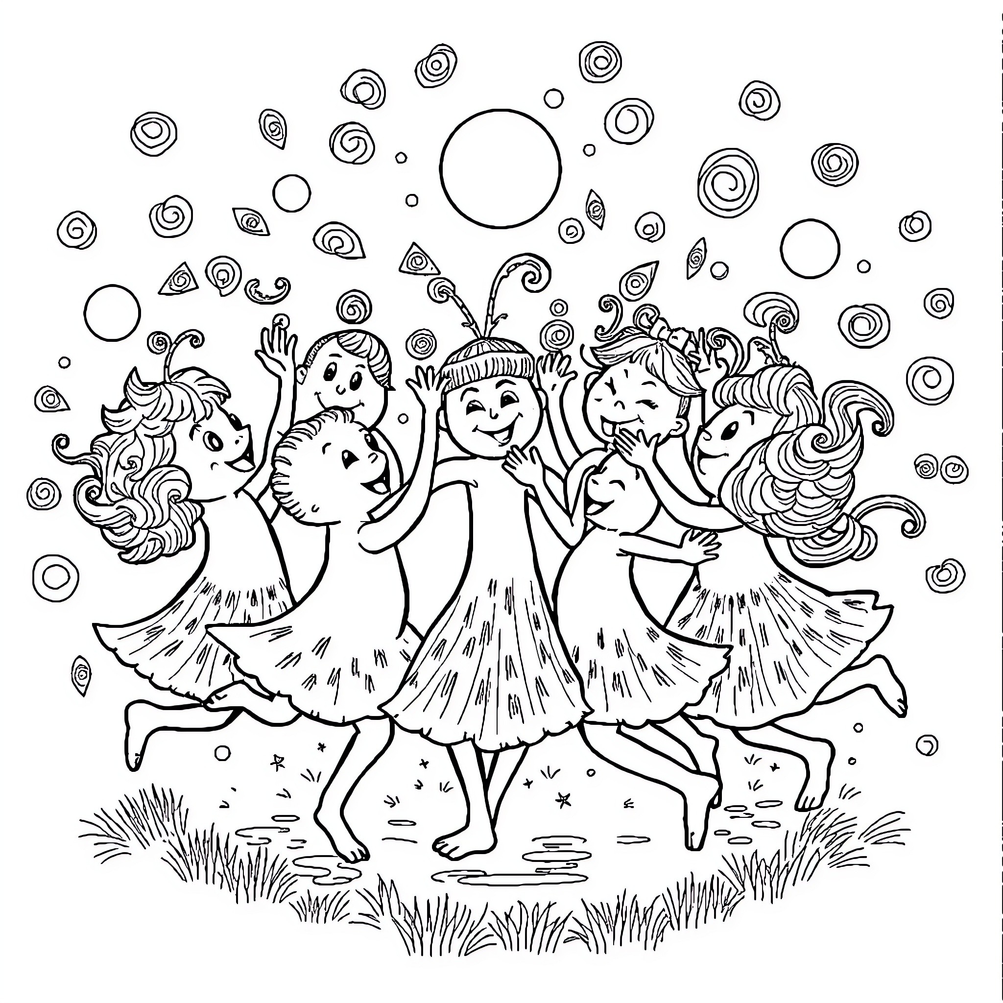 Sprunkie Dancers Celebrating in Whimsical Outfits Coloring Page (free black-and-white line drawing printable PDF for all, from beginners to advanced learners, including children, teens, adults, and seniors)