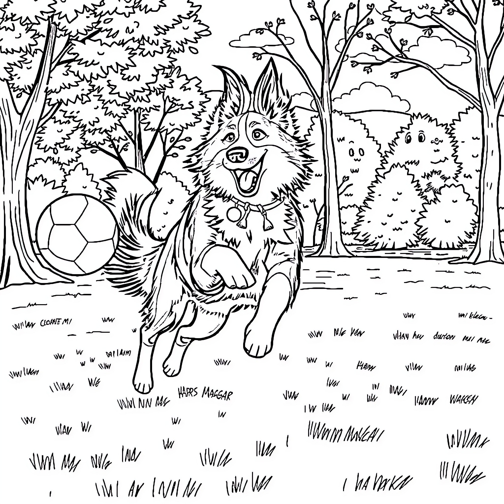 Border Collie playing with soccer ball in the forest Coloring Page (free black-and-white line drawing printable PDF for all, from beginners to advanced learners, including children, teens, adults, and seniors)