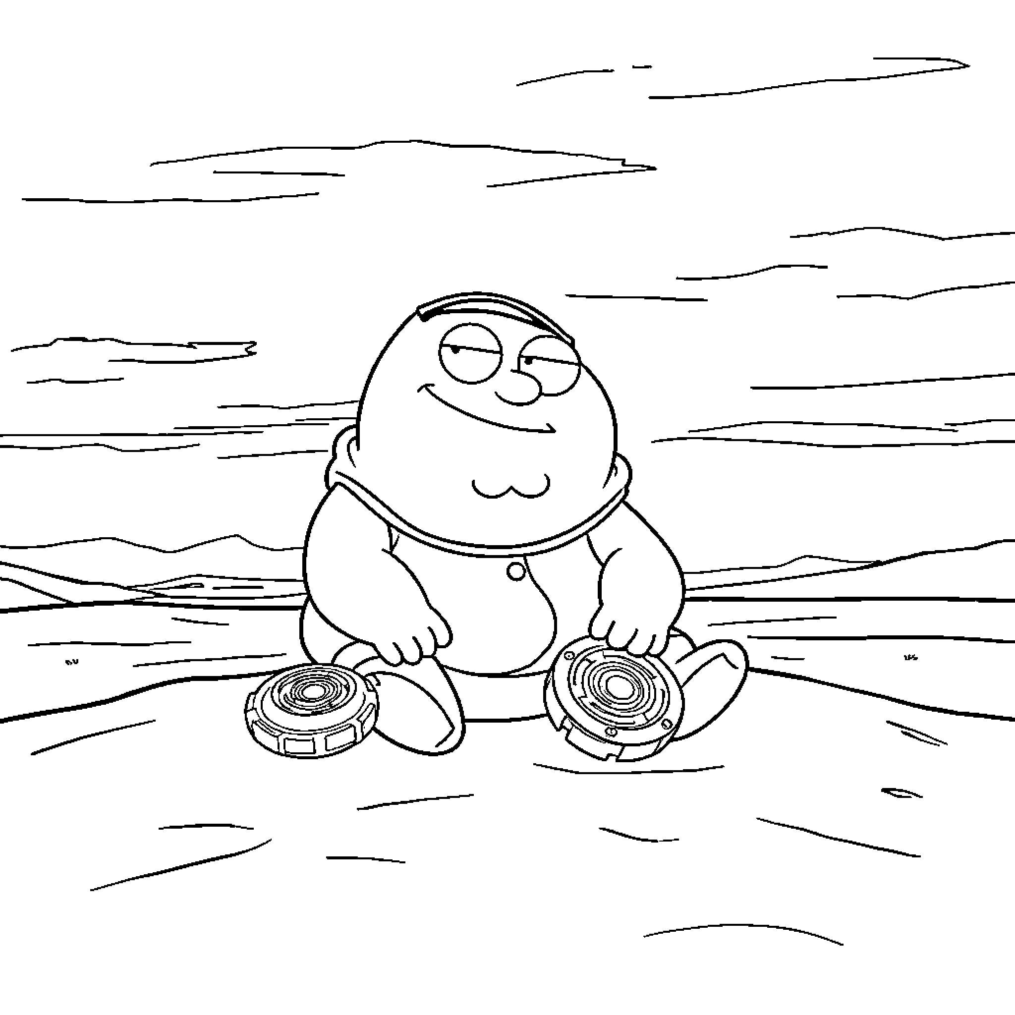 Peter Griffin playing with toys on the beach Coloring Page (free black-and-white line drawing printable PDF for all, from beginners to advanced learners, including children, teens, adults, and seniors)
