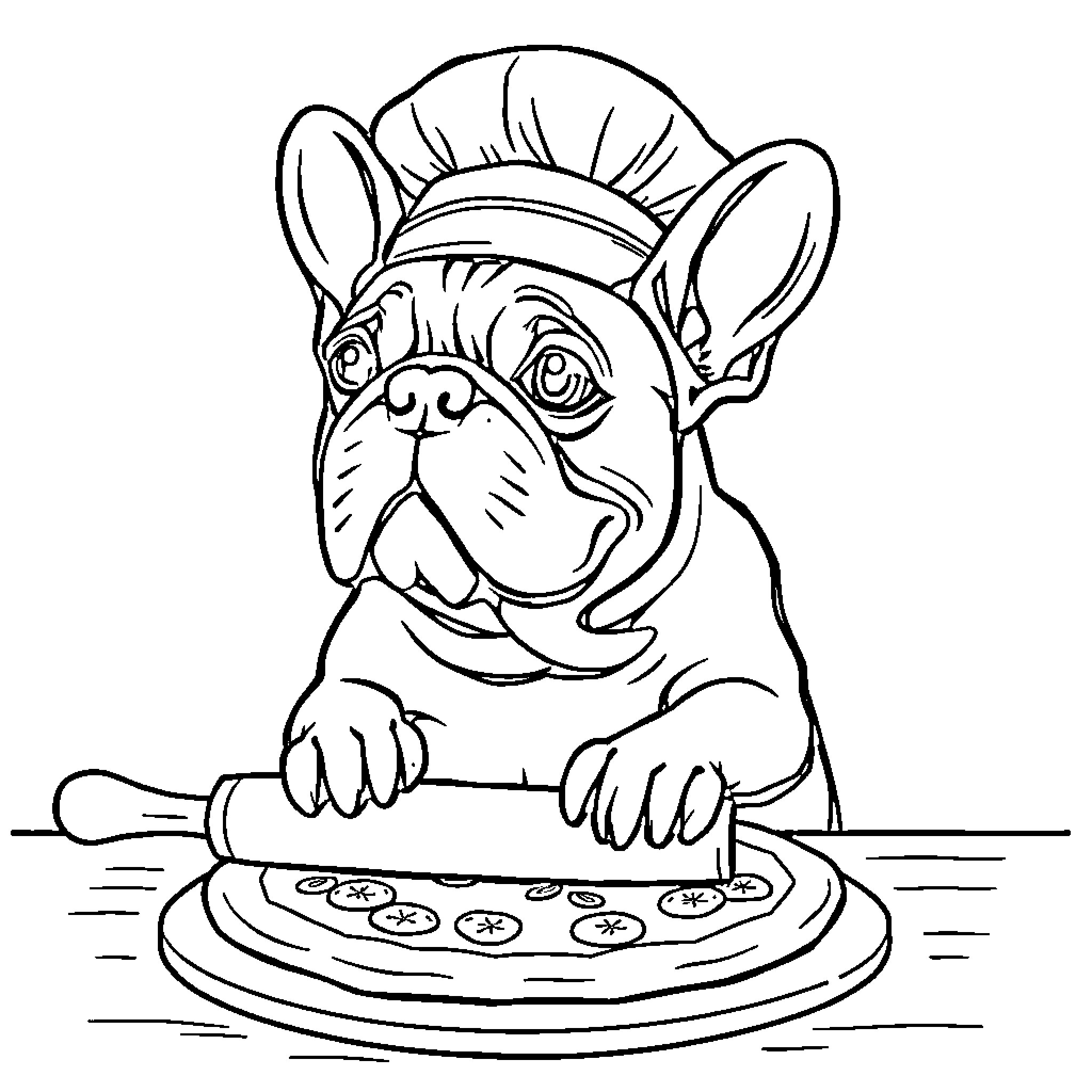 French Bulldog chef making pizza Coloring Page (free black-and-white line drawing printable PDF for all, from beginners to advanced learners, including children, teens, adults, and seniors)
