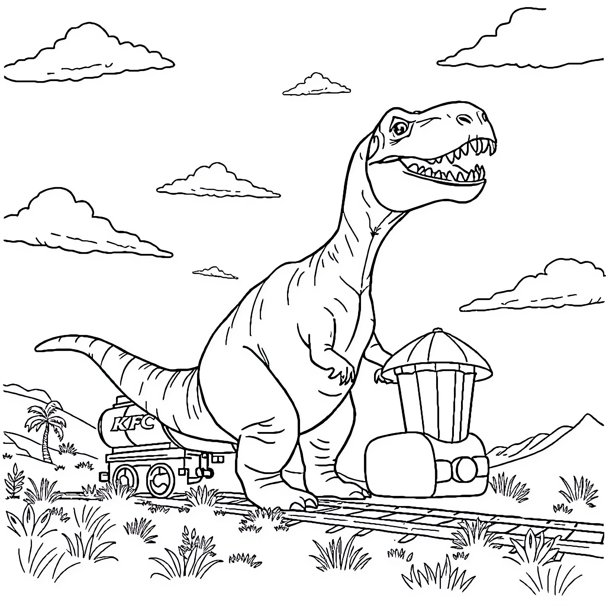 Dinosaur roaming through a prehistoric landscape Coloring Page (free black-and-white line drawing printable PDF for all, from beginners to advanced learners, including children, teens, adults, and seniors)