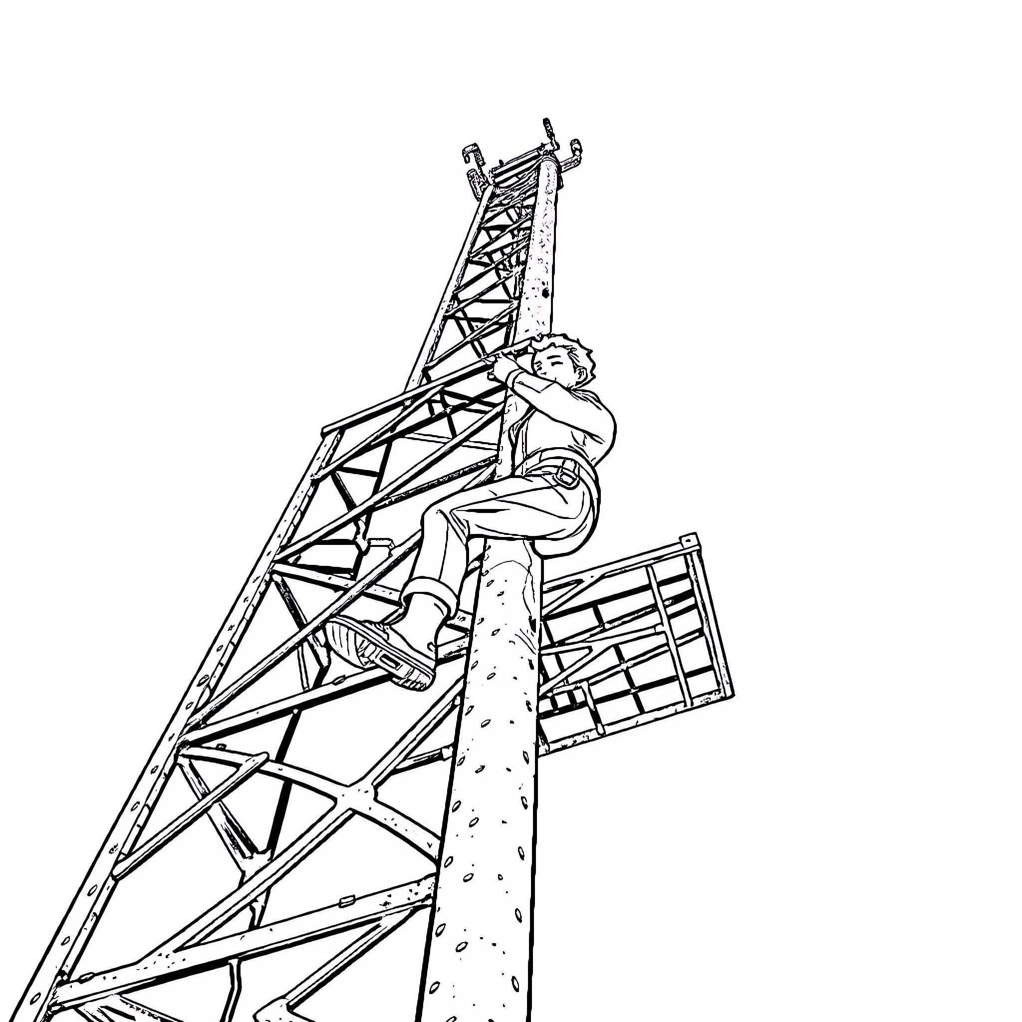 Fallout Guy Climbing Tall Communication Tower Coloring Page (free black-and-white line drawing printable PDF for all, from beginners to advanced learners, including children, teens, adults, and seniors)