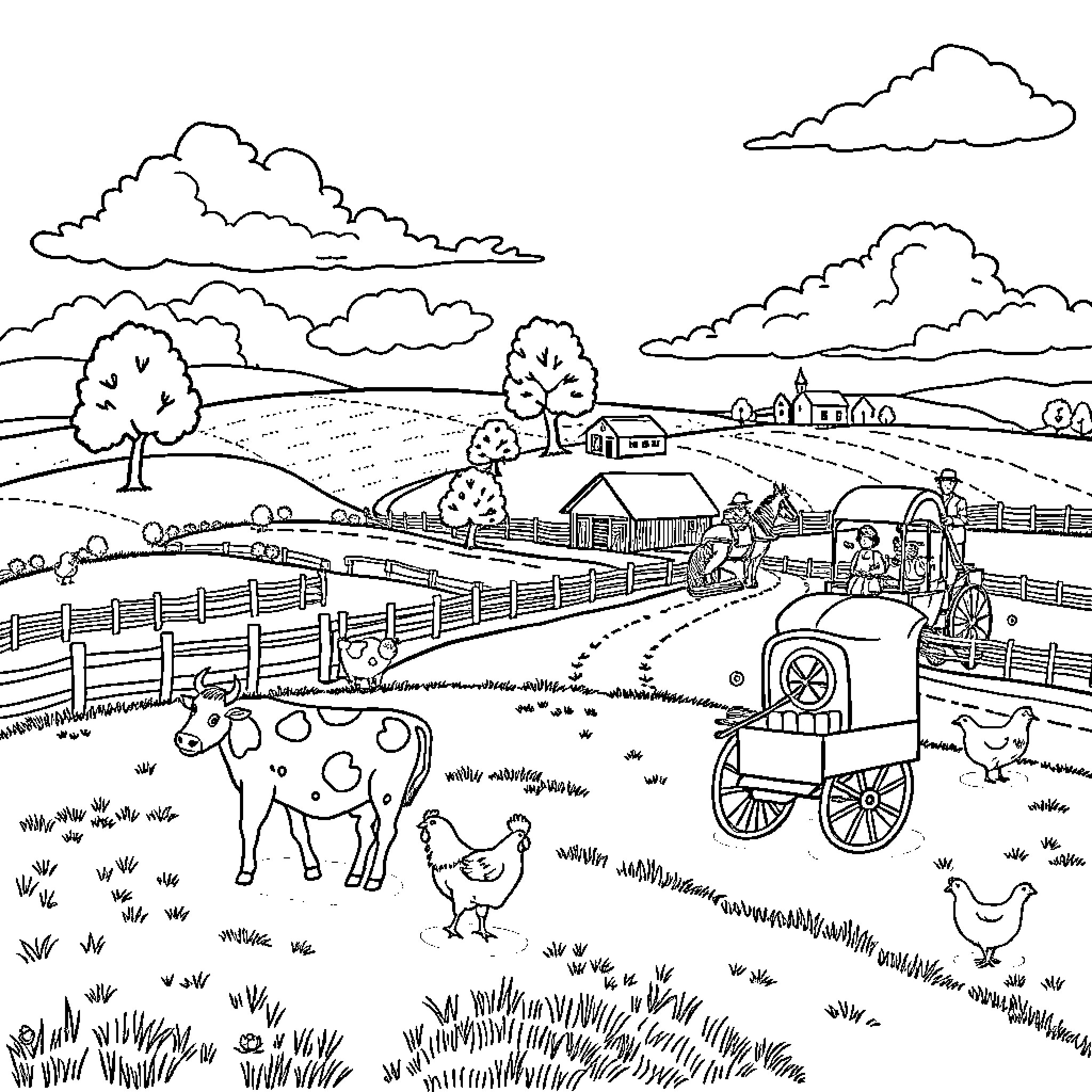Farm Scene with Animals and Vehicles Coloring Page (free black-and-white line drawing printable PDF for all, from beginners to advanced learners, including children, teens, adults, and seniors)