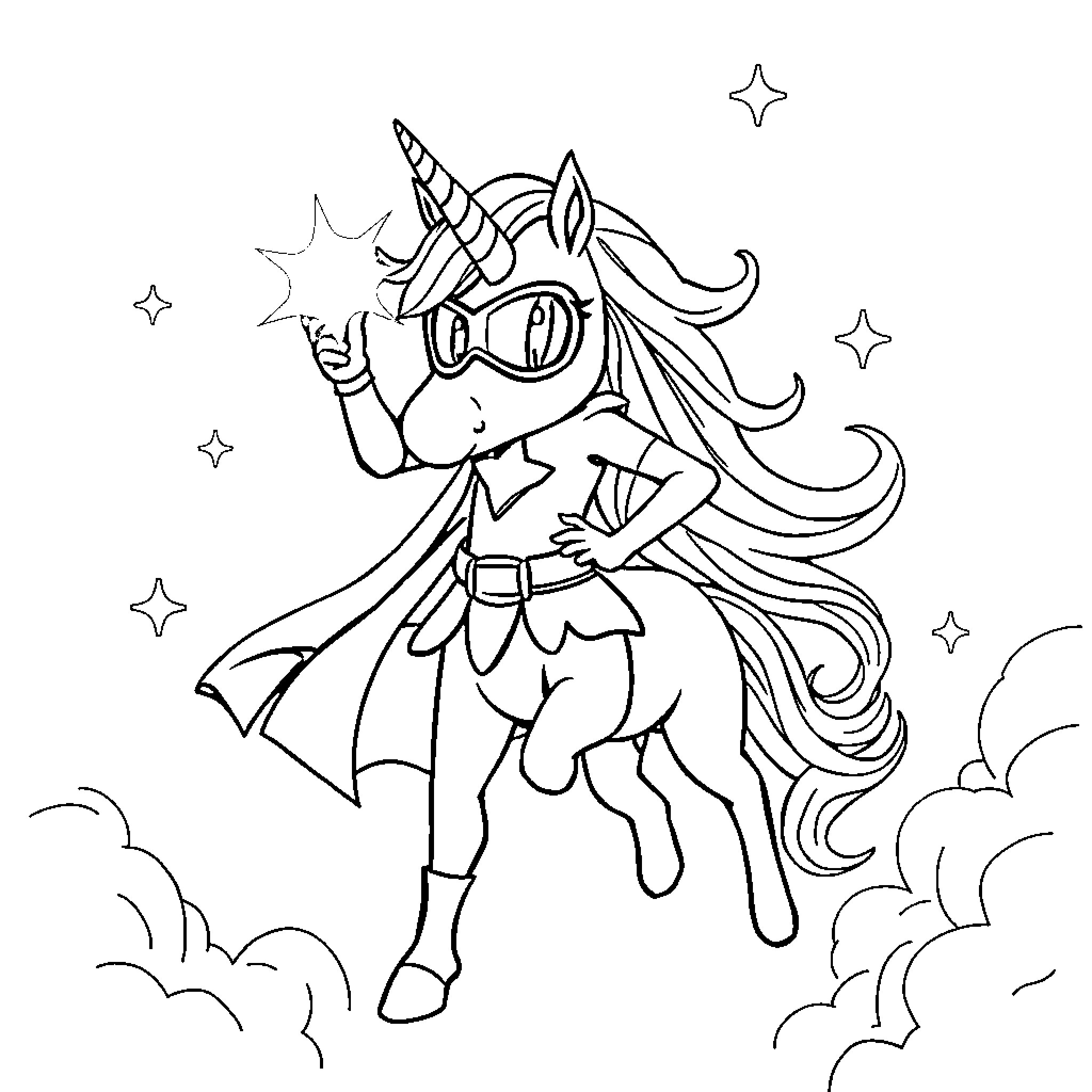 Superhero Unicorn Conquering the Skies Coloring Page (free black-and-white line drawing printable PDF for all, from beginners to advanced learners, including children, teens, adults, and seniors)