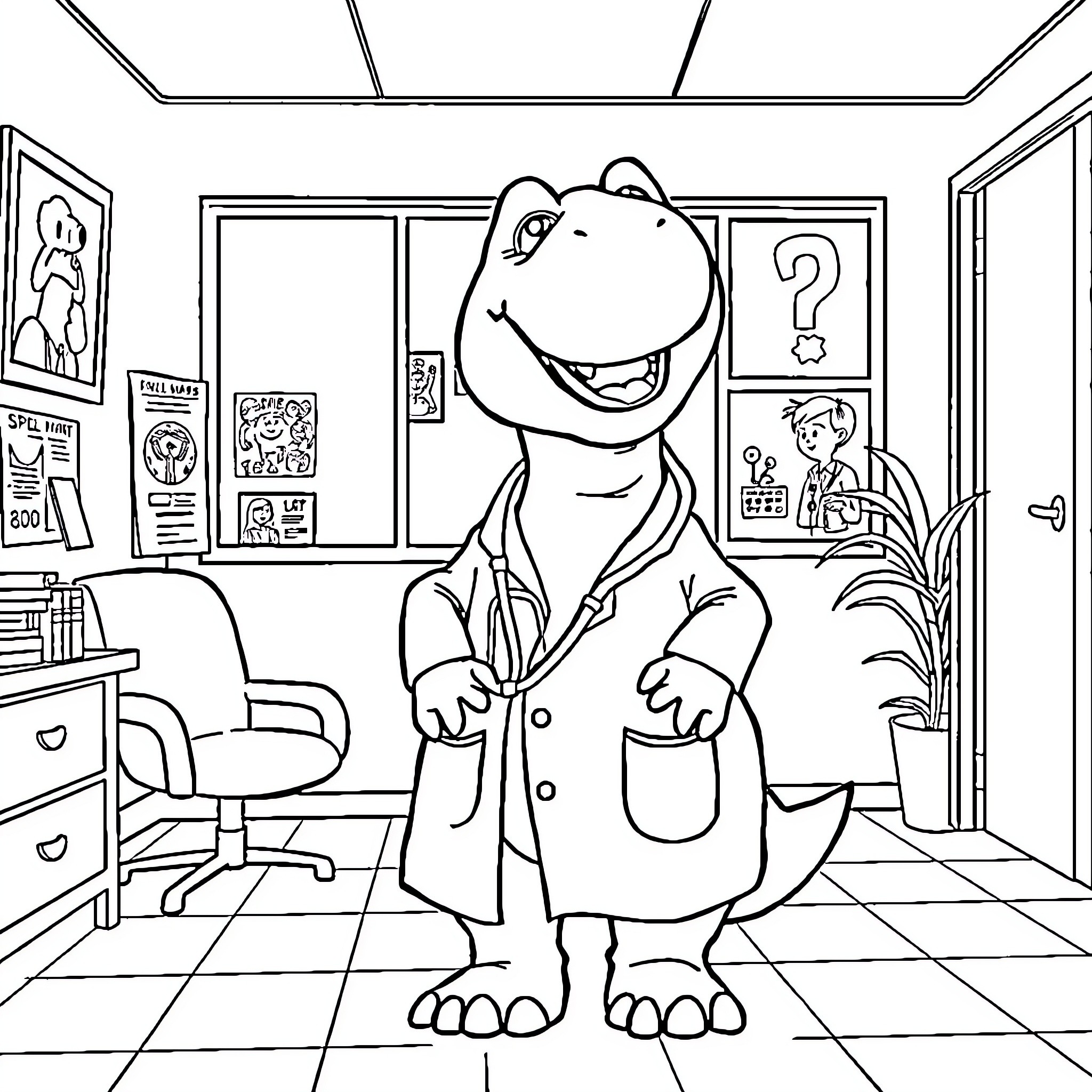 Barney the Dinosaur Visits the Doctor's Office Coloring Page (free black-and-white line drawing printable PDF for all, from beginners to advanced learners, including children, teens, adults, and seniors)