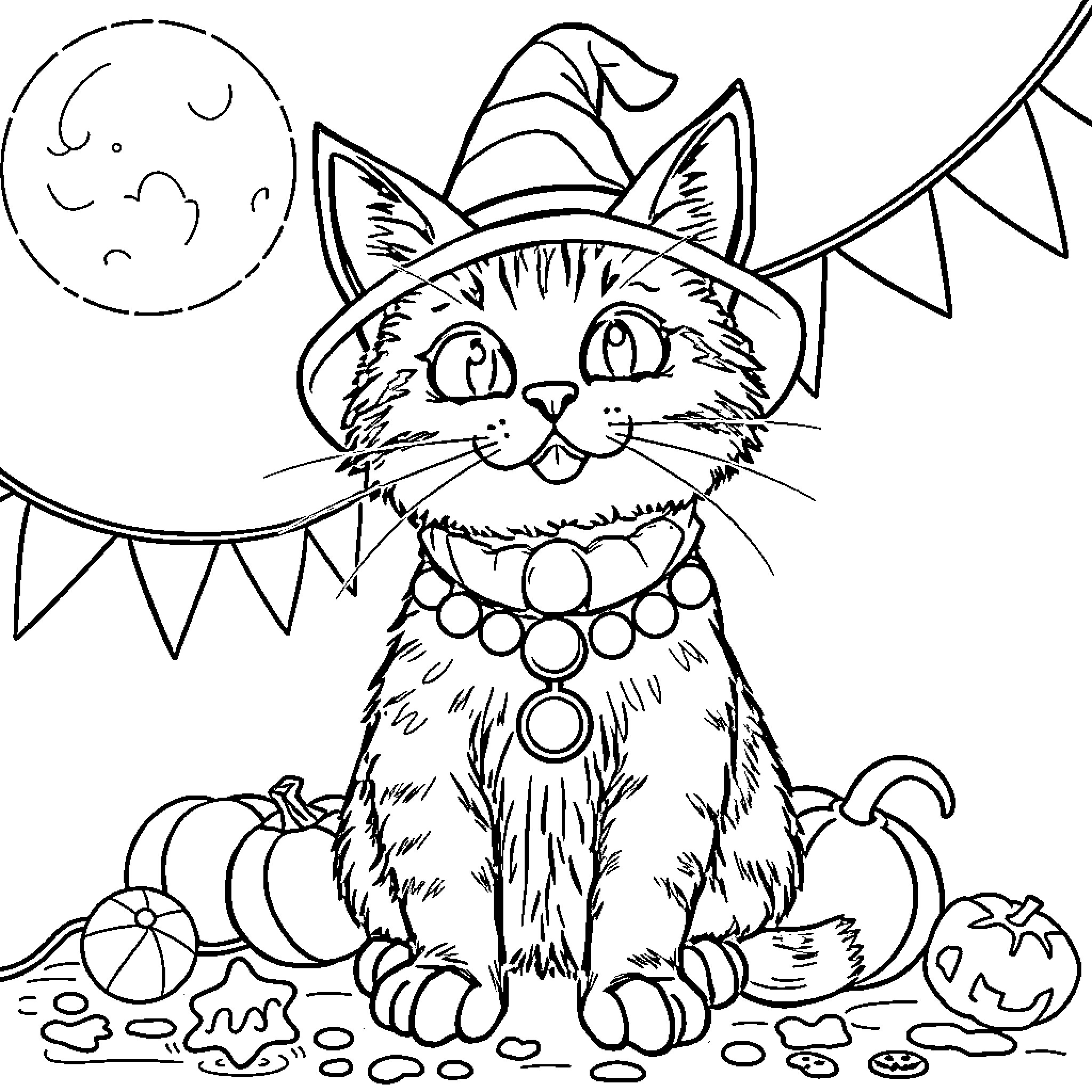 Marty the Halloween Cat in Costume Coloring Page (free black-and-white line drawing printable PDF for all, from beginners to advanced learners, including children, teens, adults, and seniors)