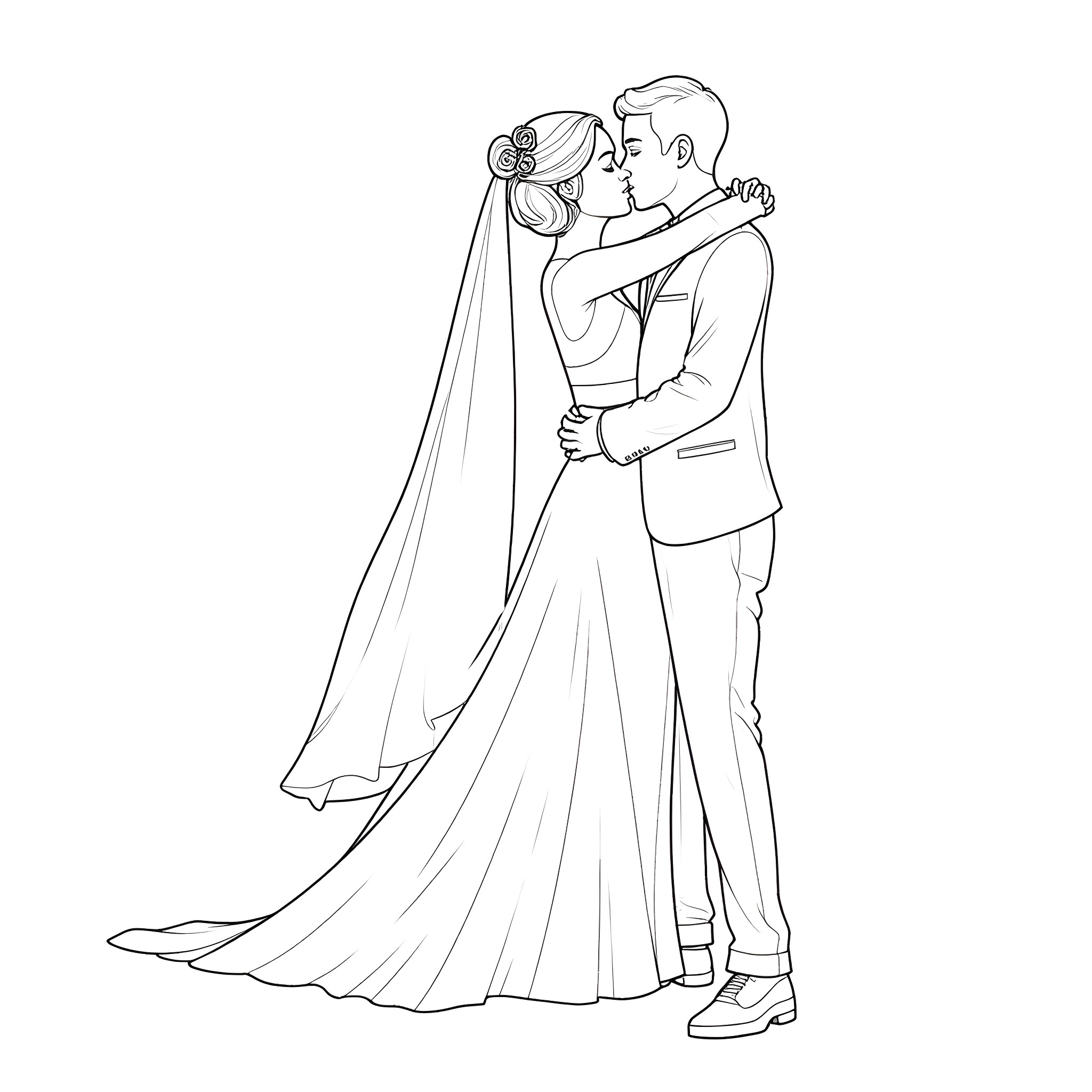 Couple embracing on their wedding day Coloring Page (free black-and-white line drawing printable PDF for all, from beginners to advanced learners, including children, teens, adults, and seniors)