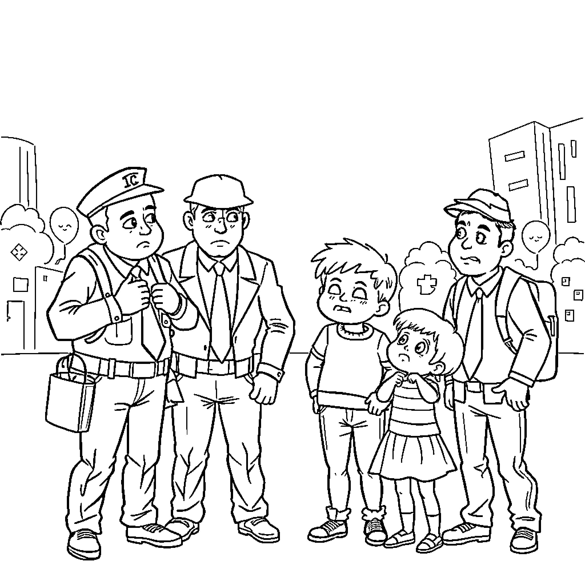 Ice Agent Protects Families in City Scene Coloring Page (free black-and-white line drawing printable PDF for all, from beginners to advanced learners, including children, teens, adults, and seniors)