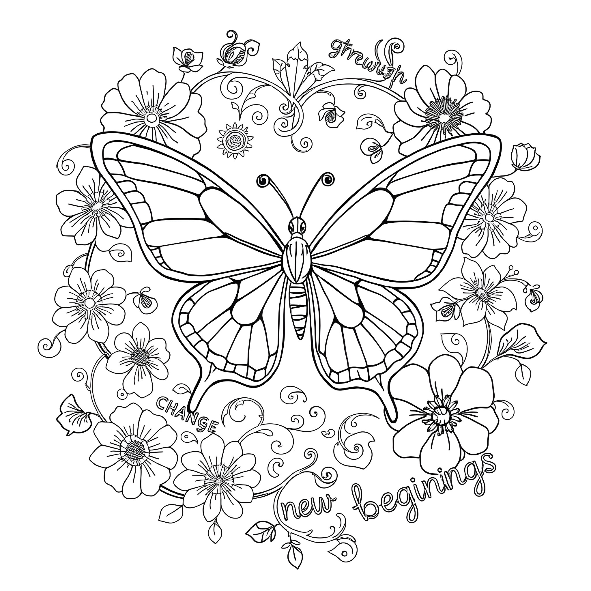 Butterfly surrounded by flowers and inspiring words Coloring Page (free black-and-white line drawing printable PDF for all, from beginners to advanced learners, including children, teens, adults, and seniors)