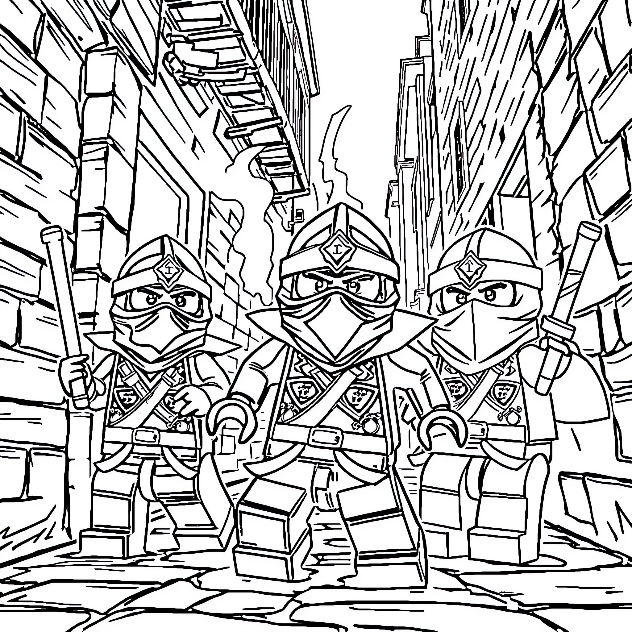 Ninjago warriors in action-packed urban scene Coloring Page (free black-and-white line drawing printable PDF for all, from beginners to advanced learners, including children, teens, adults, and seniors)