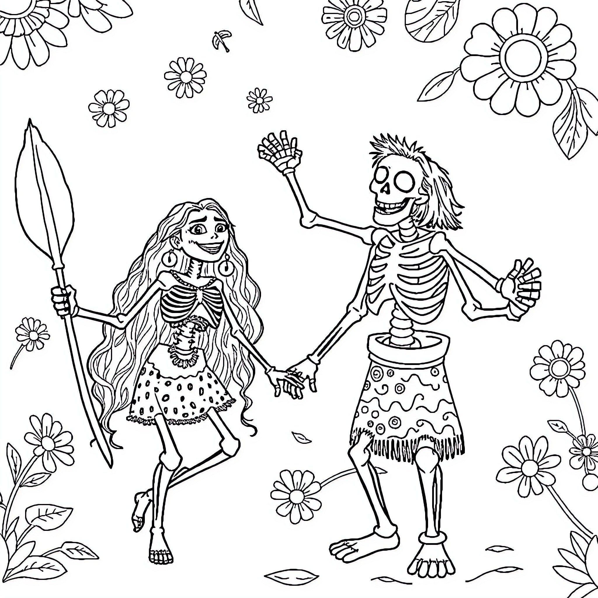 Moana and skeleton figure in floral scene Coloring Page (free black-and-white line drawing printable PDF for all, from beginners to advanced learners, including children, teens, adults, and seniors)