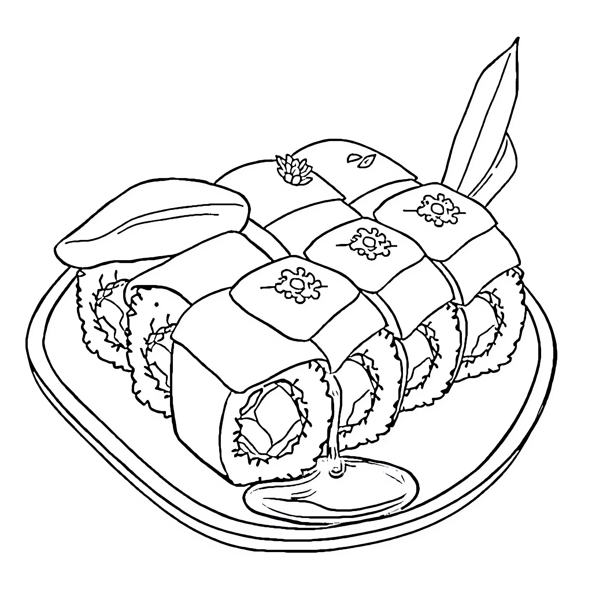 Sushi Plate with Artistic Arrangements Coloring Page (free black-and-white line drawing printable PDF for all, from beginners to advanced learners, including children, teens, adults, and seniors)