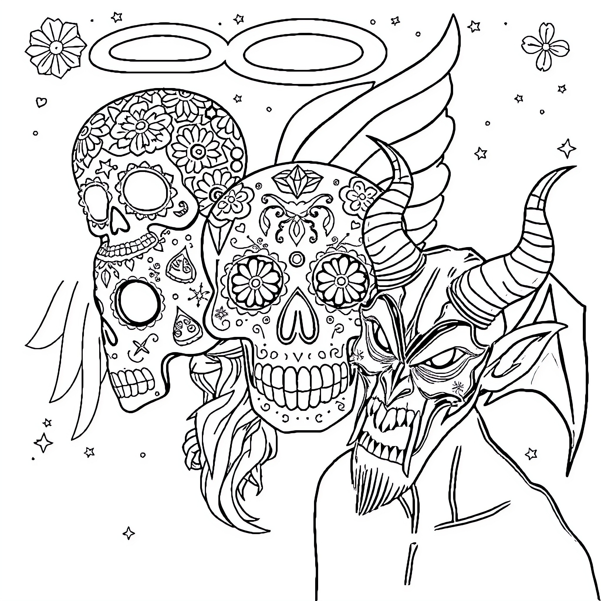 Skull Demons and Mythical Creatures Intertwined Coloring Page (free black-and-white line drawing printable PDF for all, from beginners to advanced learners, including children, teens, adults, and seniors)