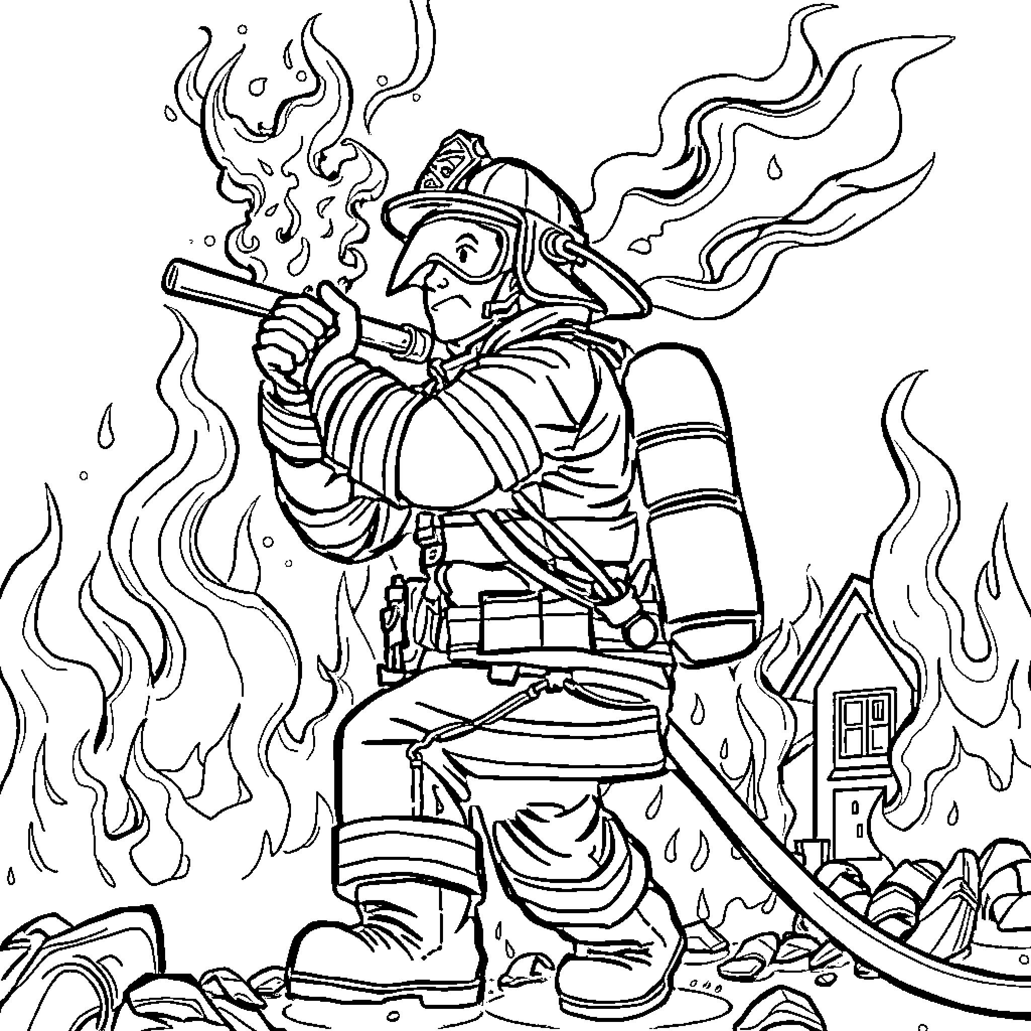 Firefighter battling flames to save the day Coloring Page (free black-and-white line drawing printable PDF for all, from beginners to advanced learners, including children, teens, adults, and seniors)