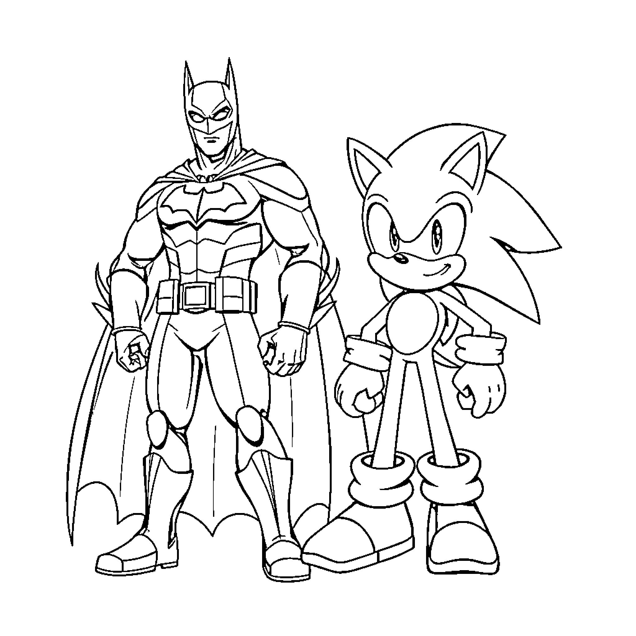 Batman and Sonic the Hedgehog in action poses Coloring Page (free black-and-white line drawing printable PDF for all, from beginners to advanced learners, including children, teens, adults, and seniors)