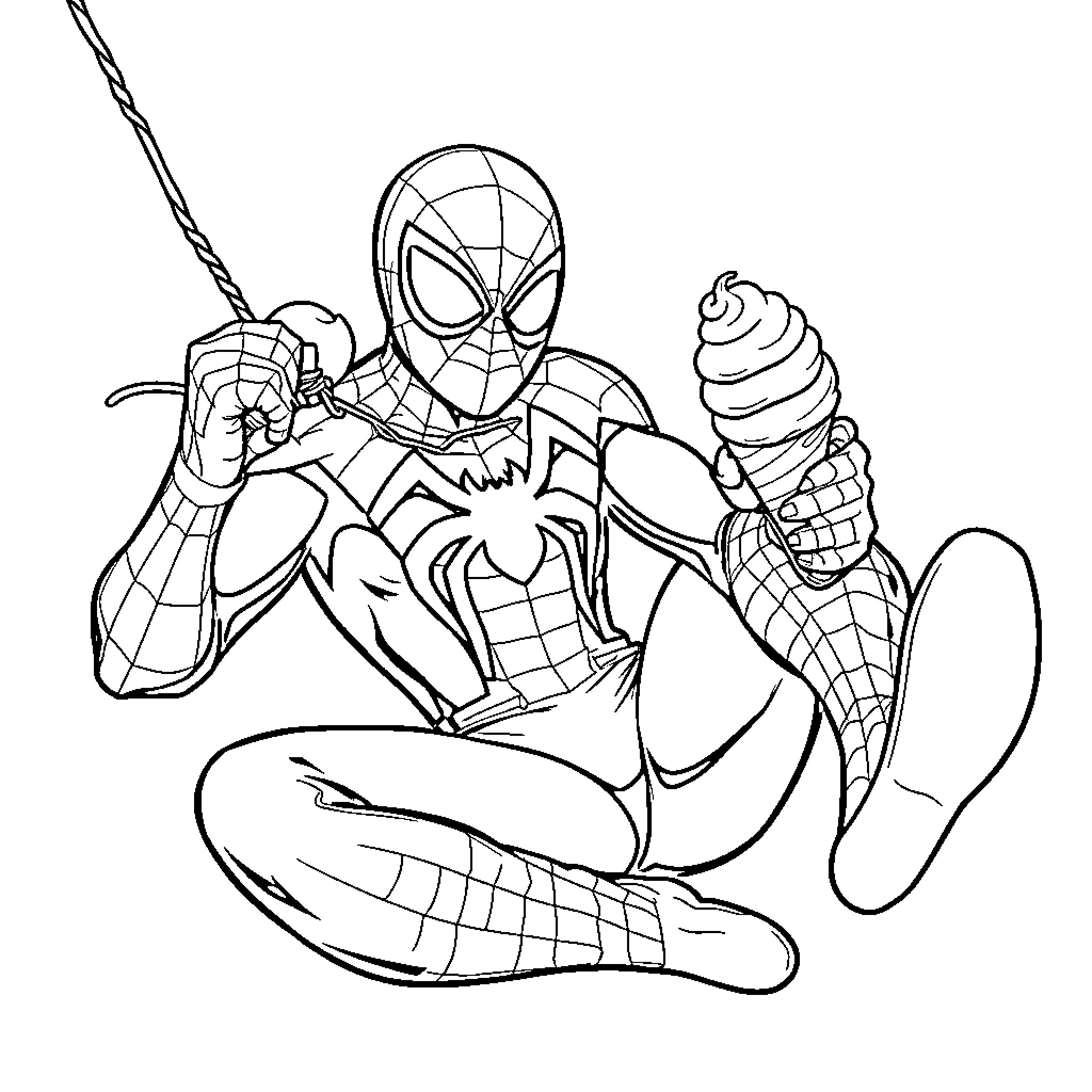 Spiderman enjoying ice cream while swinging Coloring Page (free black-and-white line drawing printable PDF for all, from beginners to advanced learners, including children, teens, adults, and seniors)