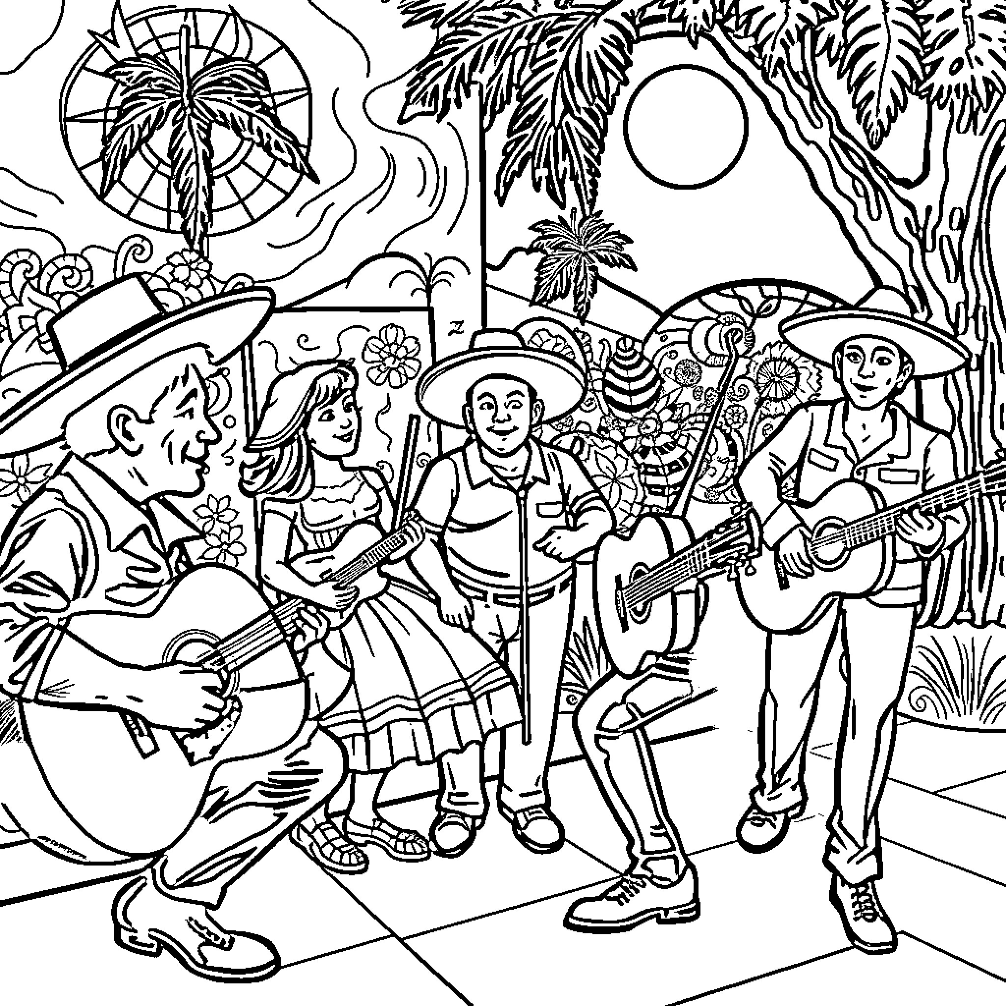 Album of Lively Folk Music Performers in Tropical Setting Coloring Page (free black-and-white line drawing printable PDF for all, from beginners to advanced learners, including children, teens, adults, and seniors)