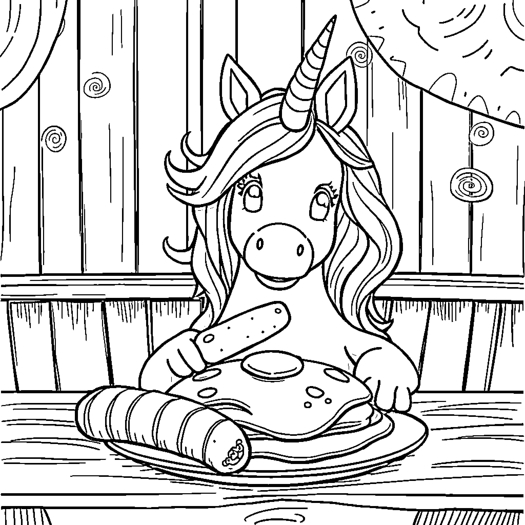Unicorn enjoying a delightful meal Coloring Page (free black-and-white line drawing printable PDF for all, from beginners to advanced learners, including children, teens, adults, and seniors)