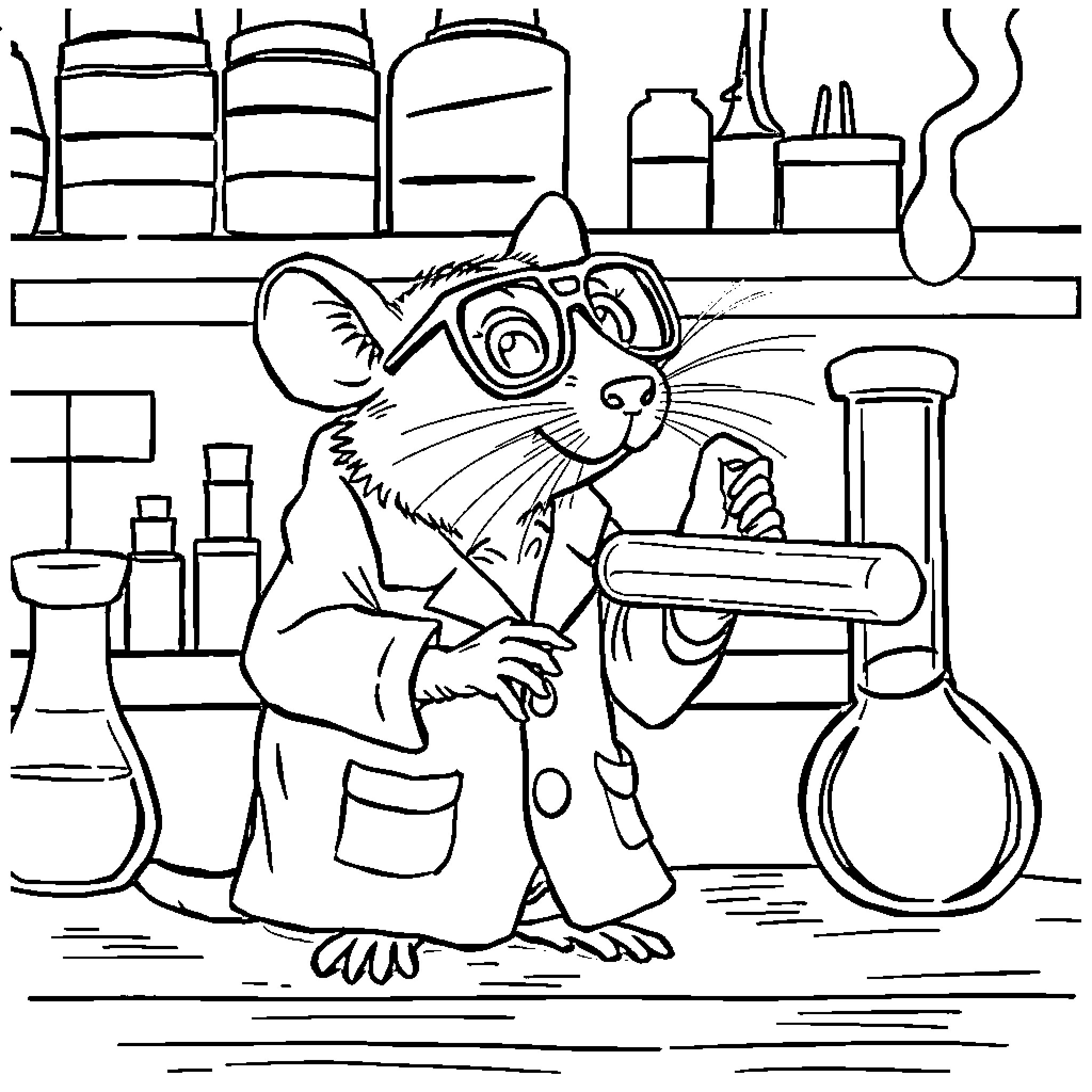 Lab Rat Researcher Examining Scientific Equipment Coloring Page (free black-and-white line drawing printable PDF for all, from beginners to advanced learners, including children, teens, adults, and seniors)