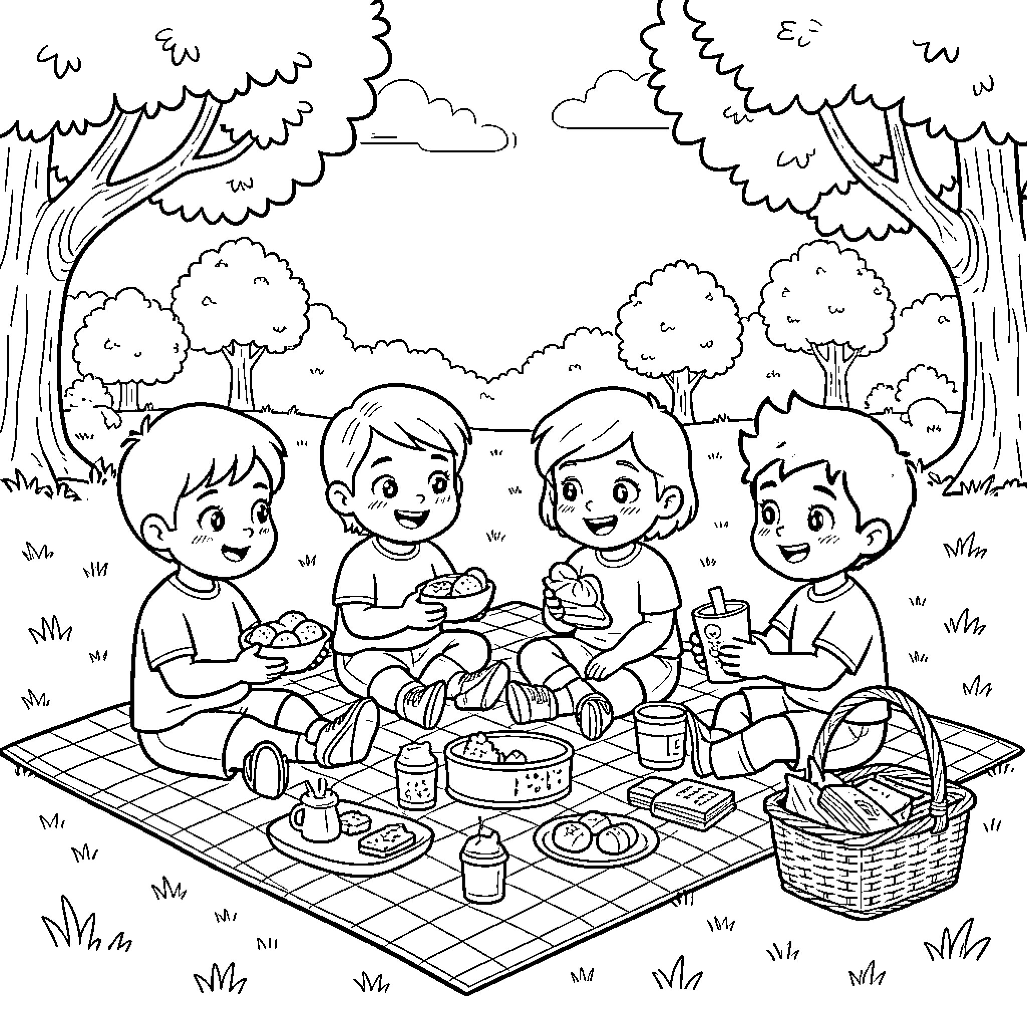 Childen enjoying a picnic together on a blanket Coloring Page (free black-and-white line drawing printable PDF for all, from beginners to advanced learners, including children, teens, adults, and seniors)