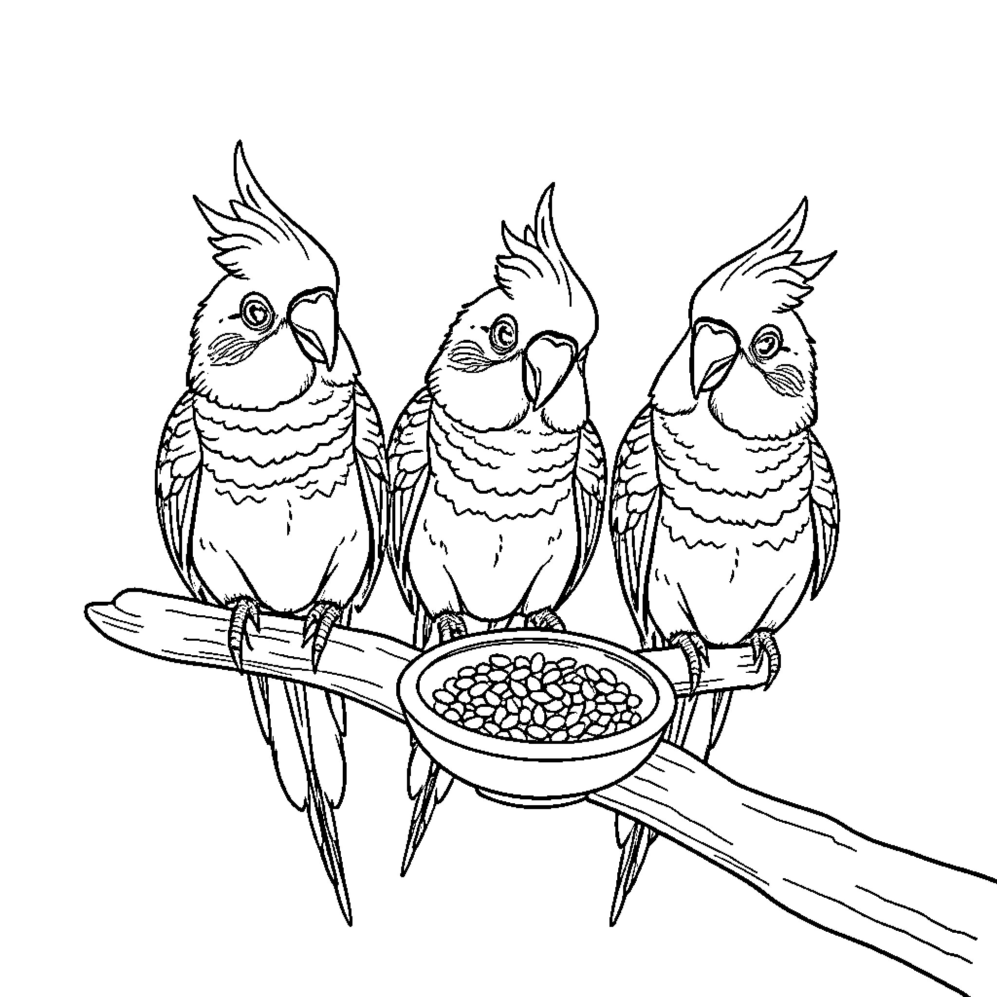 Cockatiels sharing a treat on a branch Coloring Page (free black-and-white line drawing printable PDF for all, from beginners to advanced learners, including children, teens, adults, and seniors)