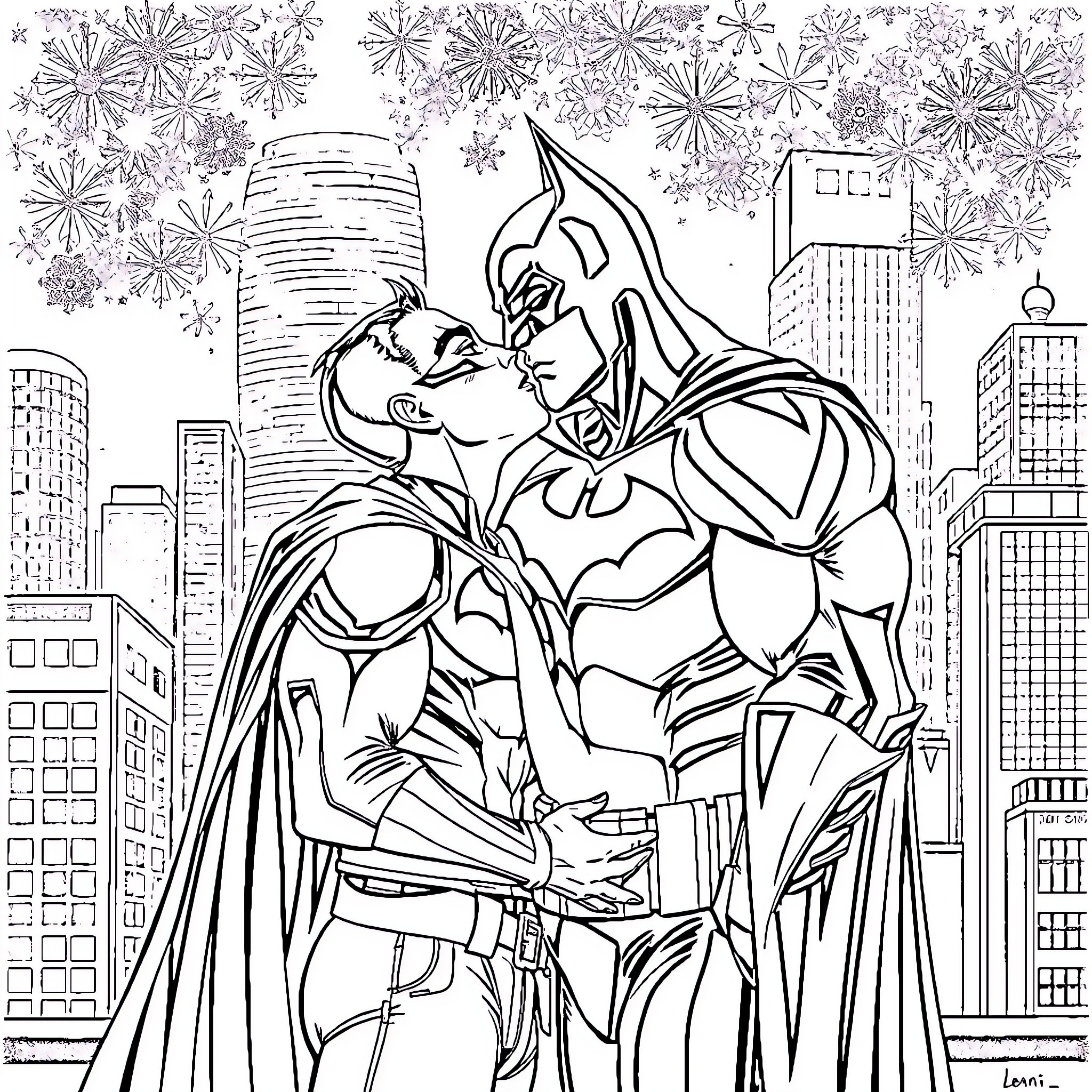Batman's Triumphant Embrace in the City Skyline Coloring Page (free black-and-white line drawing printable PDF for all, from beginners to advanced learners, including children, teens, adults, and seniors)