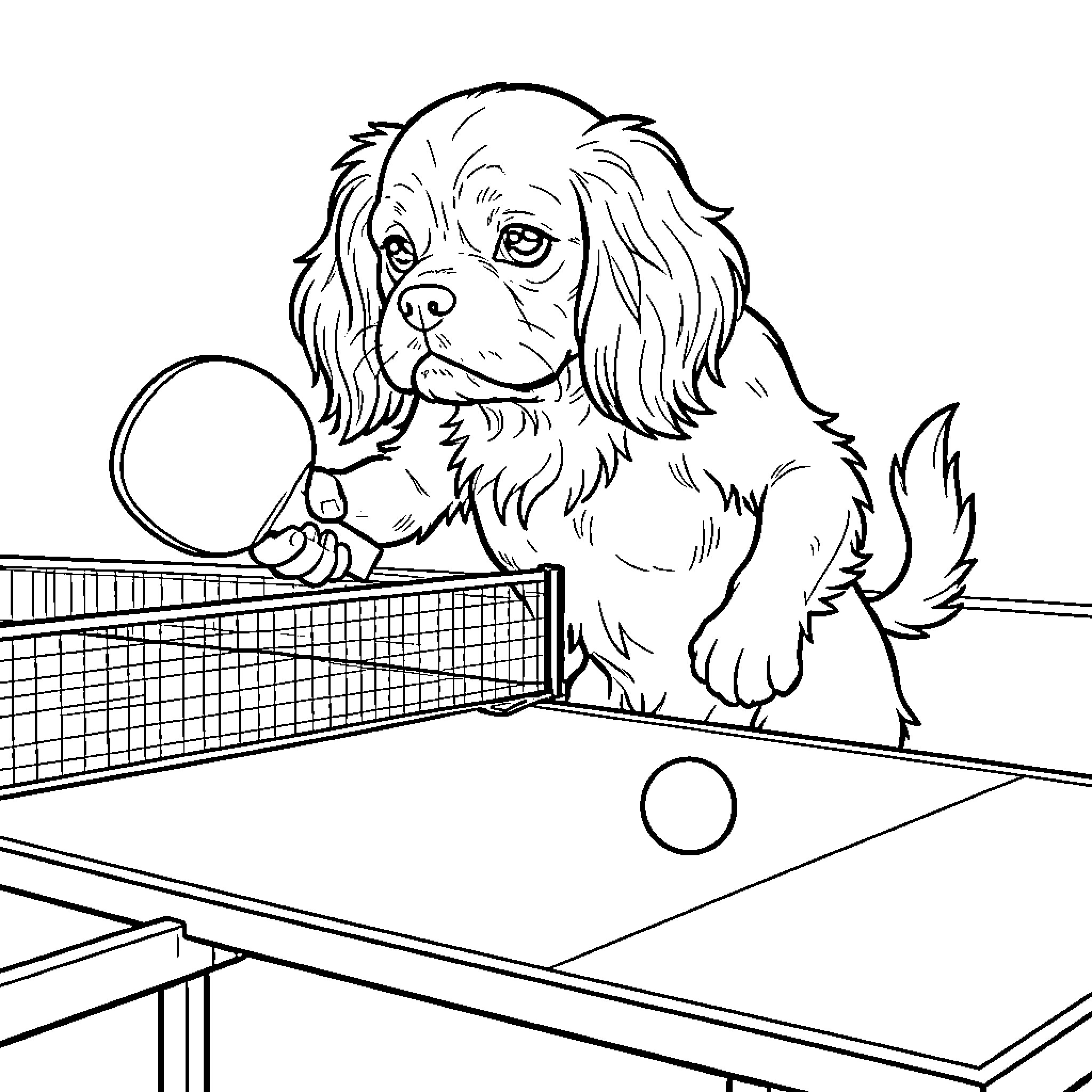 Cavalier King Charles playing table tennis Coloring Page (free black-and-white line drawing printable PDF for all, from beginners to advanced learners, including children, teens, adults, and seniors)