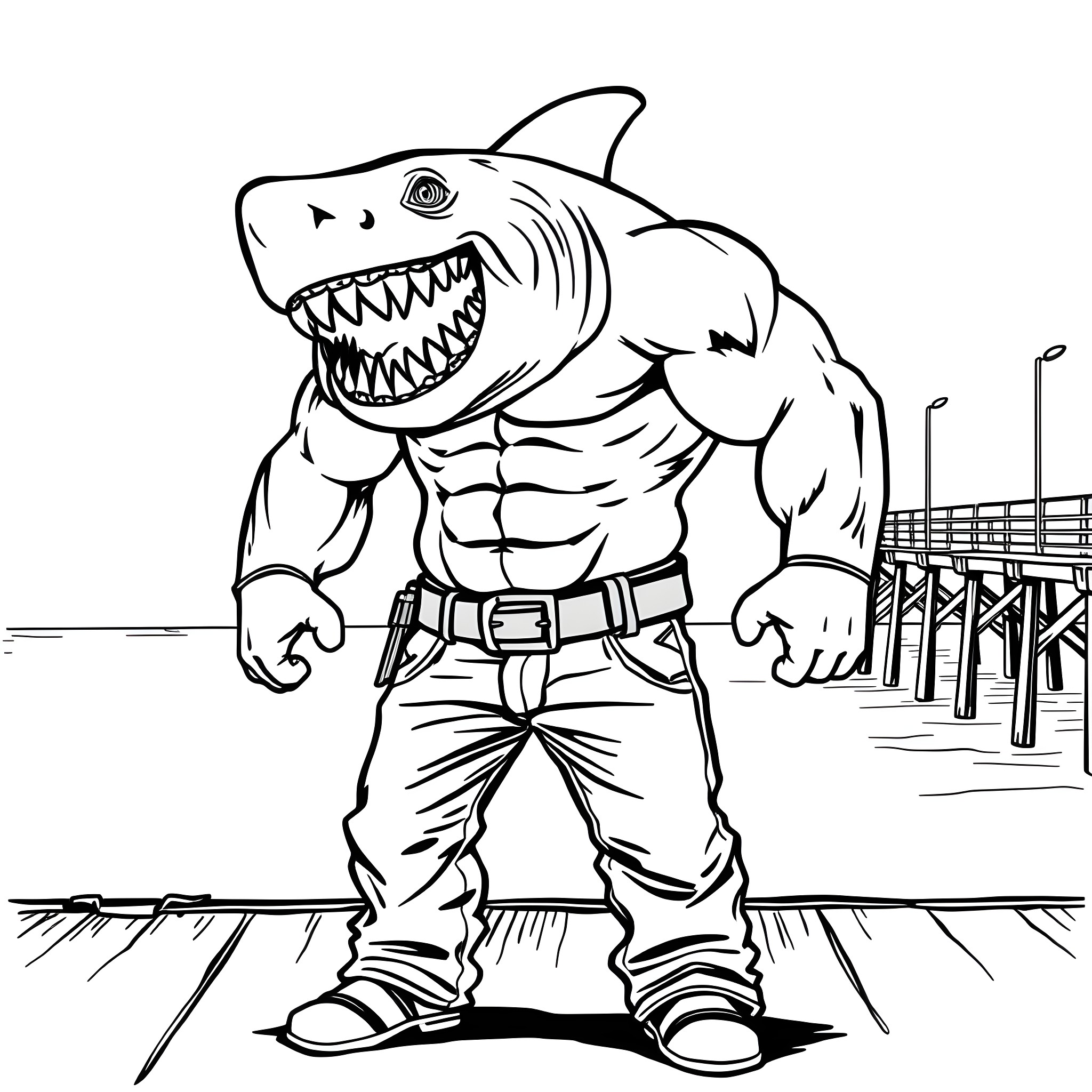 Shark-like creature menacing at the pier Coloring Page (free black-and-white line drawing printable PDF for all, from beginners to advanced learners, including children, teens, adults, and seniors)