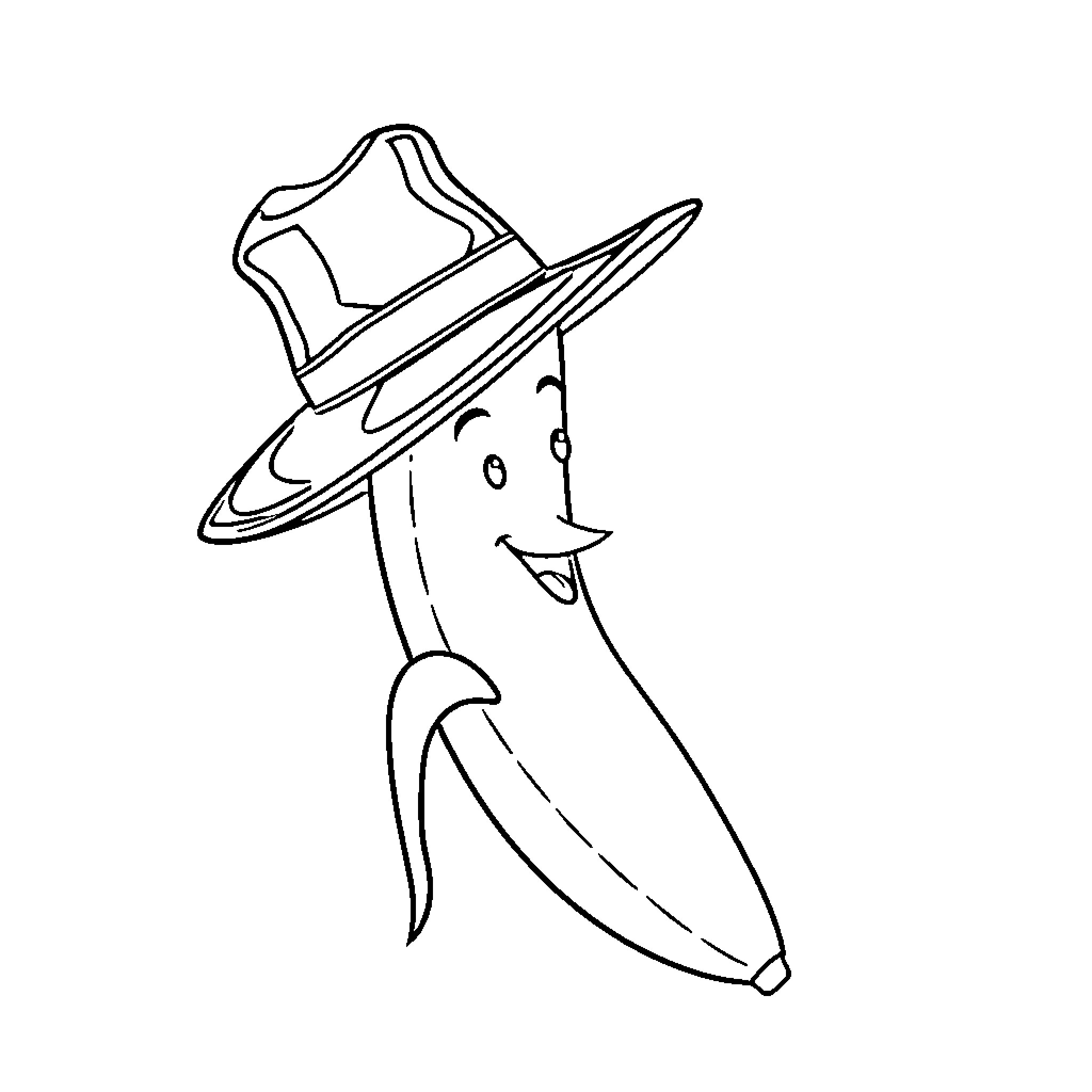 Banana wearing a cowboy hat and smiling Coloring Page (free black-and-white line drawing printable PDF for all, from beginners to advanced learners, including children, teens, adults, and seniors)