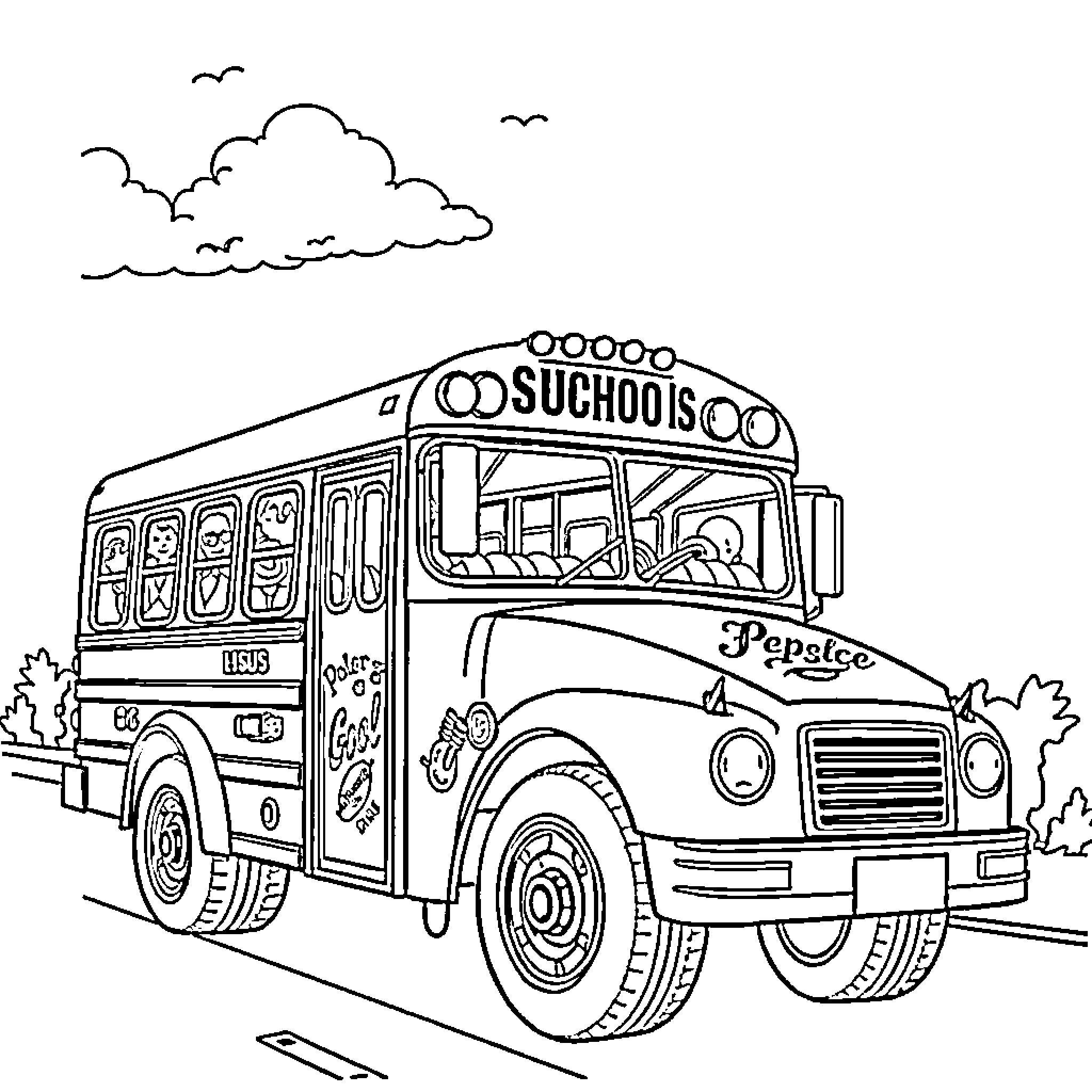 School Bus Transporting Students to School Coloring Page (free black-and-white line drawing printable PDF for all, from beginners to advanced learners, including children, teens, adults, and seniors)