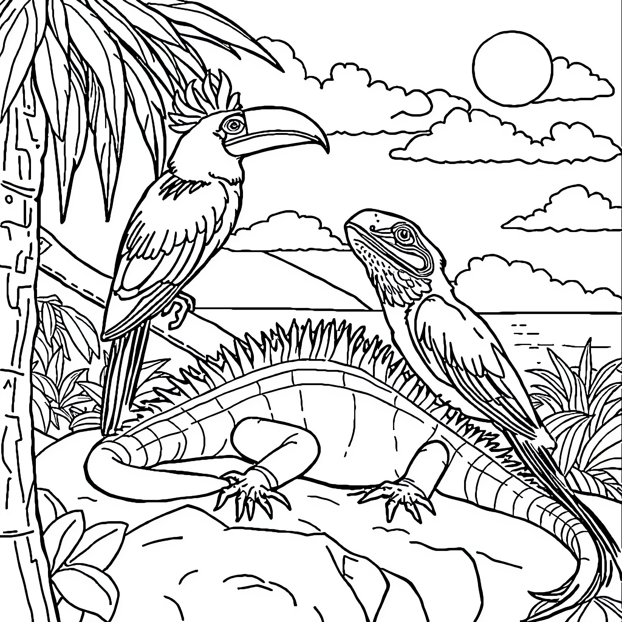 Animal friends in tropical nature Coloring Page (free black-and-white line drawing printable PDF for all, from beginners to advanced learners, including children, teens, adults, and seniors)