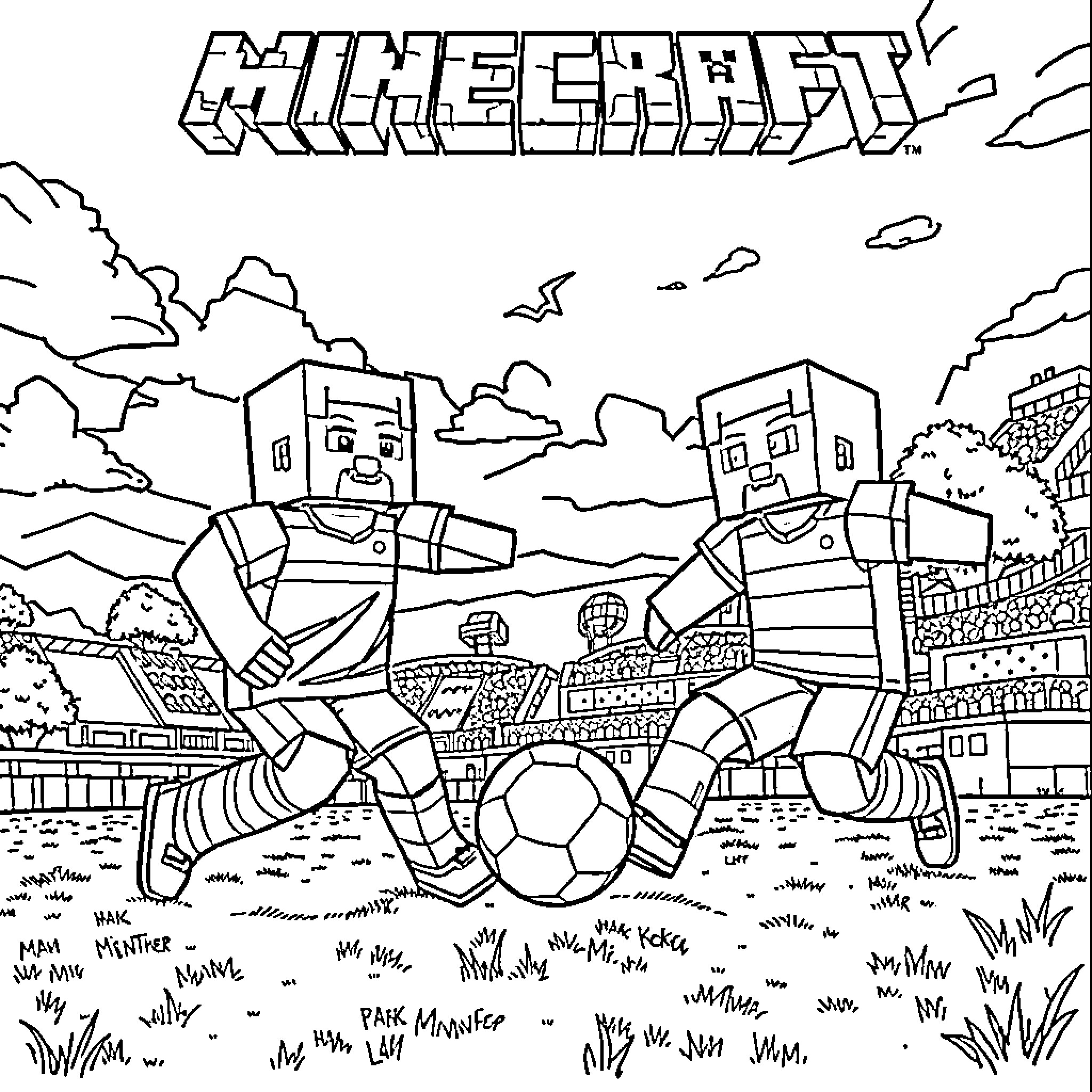 Football: Two players competing for the ball in a Minecraft-inspired scene Coloring Page (free black-and-white line drawing printable PDF for all, from beginners to advanced learners, including children, teens, adults, and seniors)