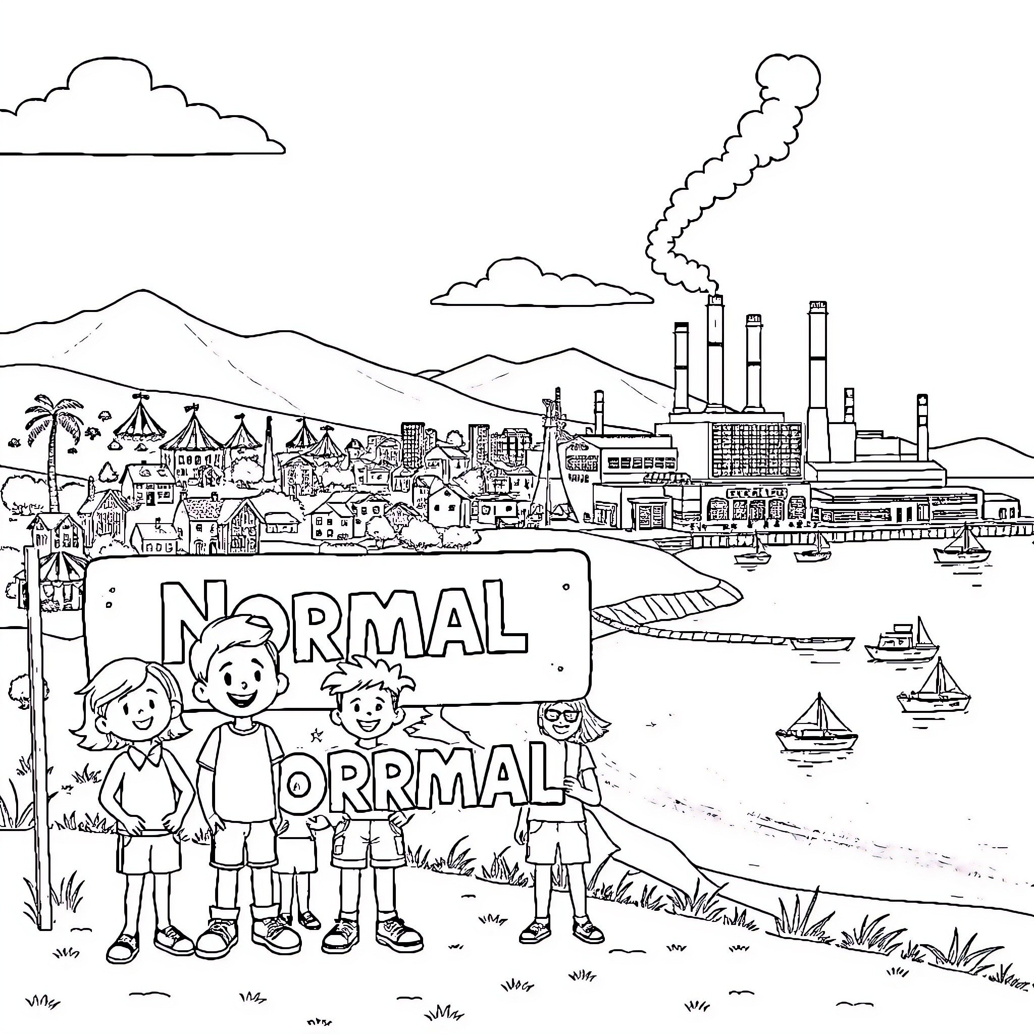 Kid protesters display signs at industrial cityscape Coloring Page (free black-and-white line drawing printable PDF for all, from beginners to advanced learners, including children, teens, adults, and seniors)