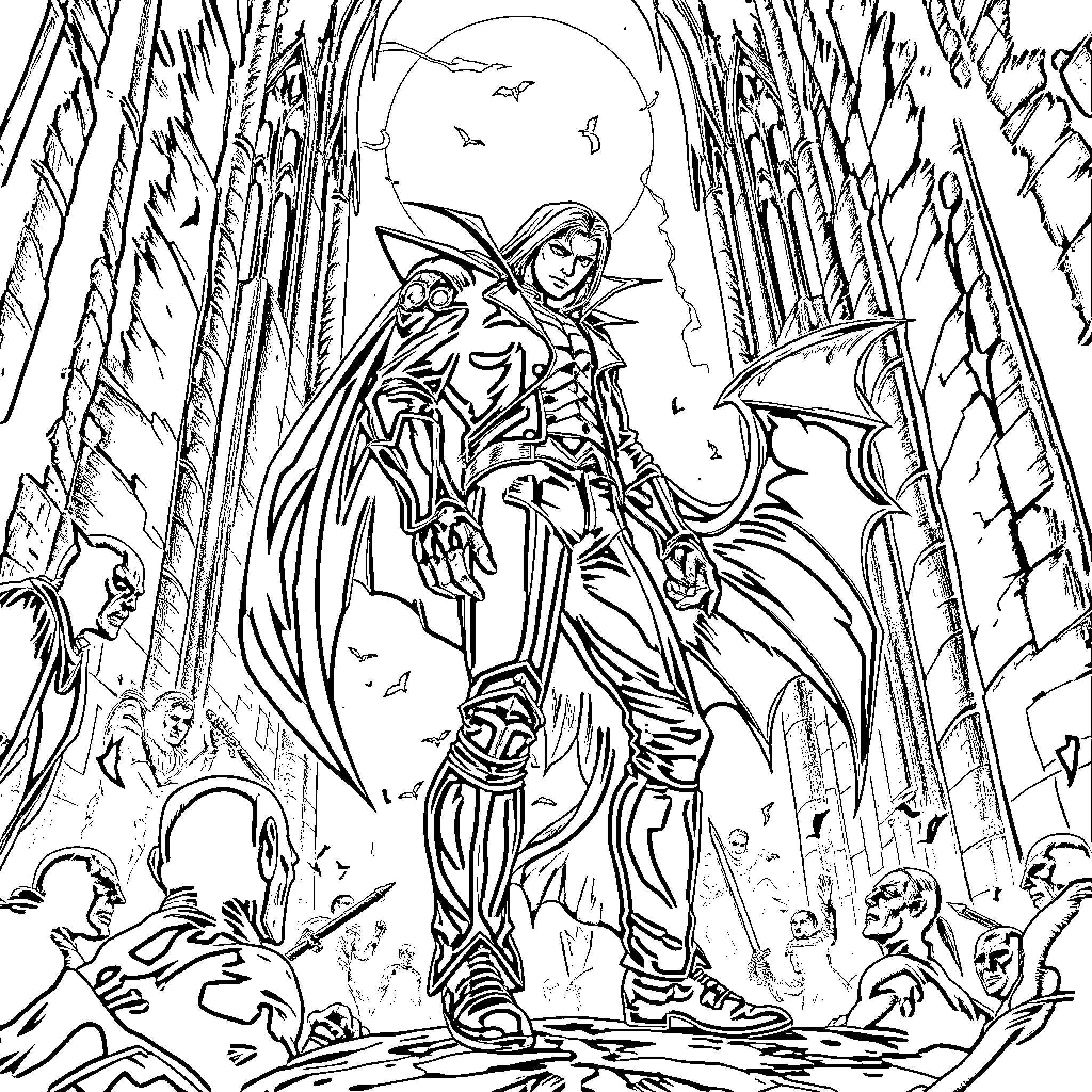 Alucard's Heroic Stance in the Dark Realm Coloring Page (free black-and-white line drawing printable PDF for all, from beginners to advanced learners, including children, teens, adults, and seniors)