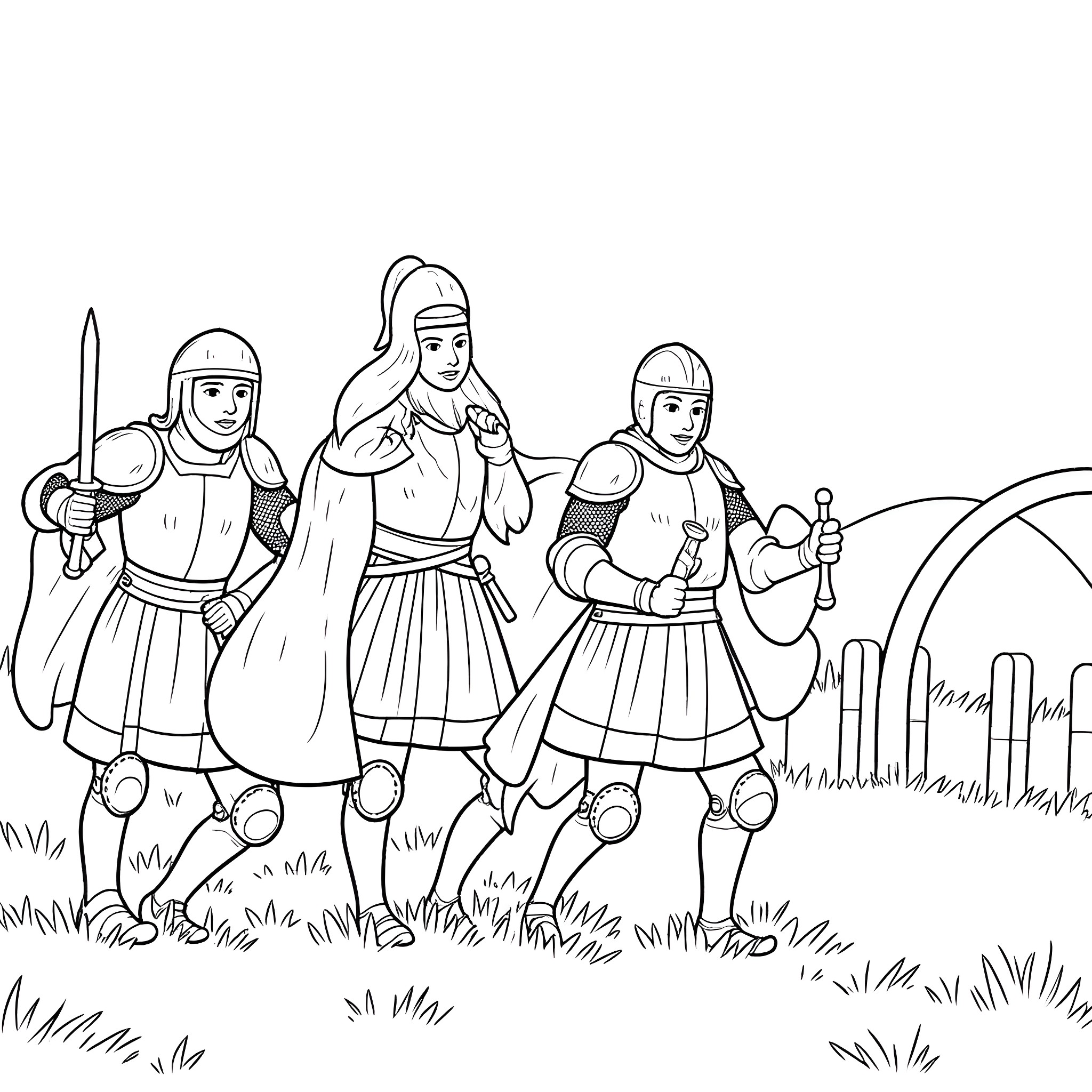 Battlefield of Medieval Knights on the March Coloring Page (free black-and-white line drawing printable PDF for all, from beginners to advanced learners, including children, teens, adults, and seniors)