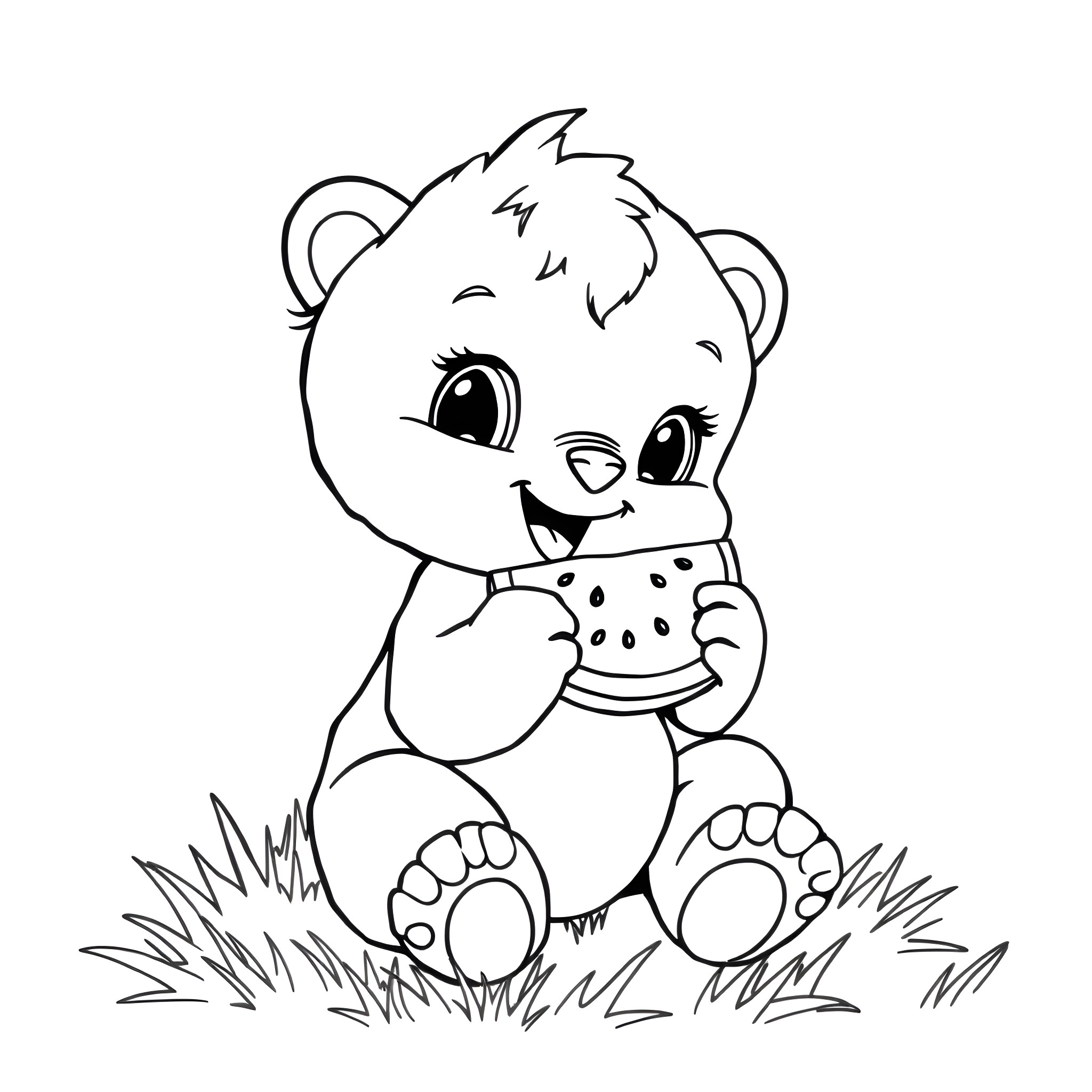 Labubu the happy spotted bear cub playing in the grass Coloring Page (free black-and-white line drawing printable PDF for all, from beginners to advanced learners, including children, teens, adults, and seniors)