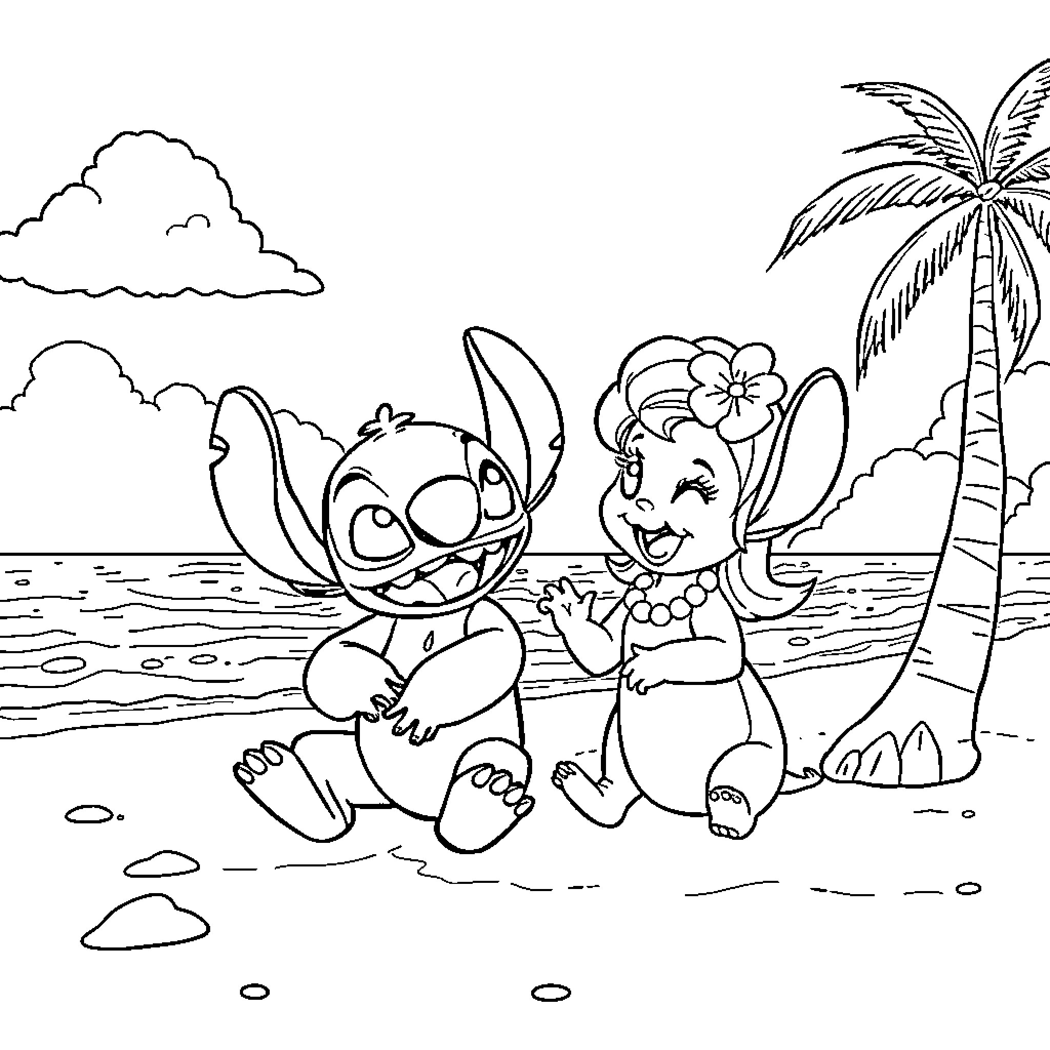 Stitch and Angel Enjoying Beach Adventure Coloring Page (free black-and-white line drawing printable PDF for all, from beginners to advanced learners, including children, teens, adults, and seniors)
