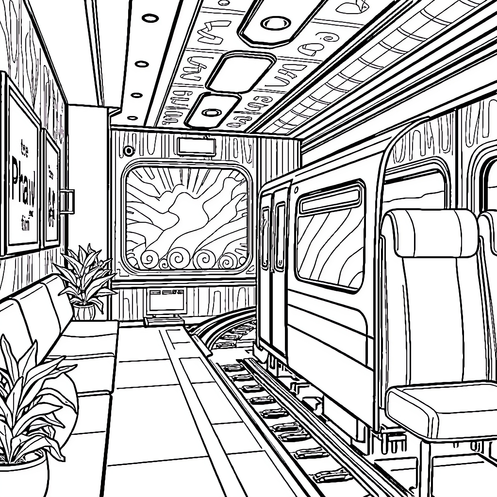 Switch to a Tranquil Train Ride Coloring Page (free black-and-white line drawing printable PDF for all, from beginners to advanced learners, including children, teens, adults, and seniors)
