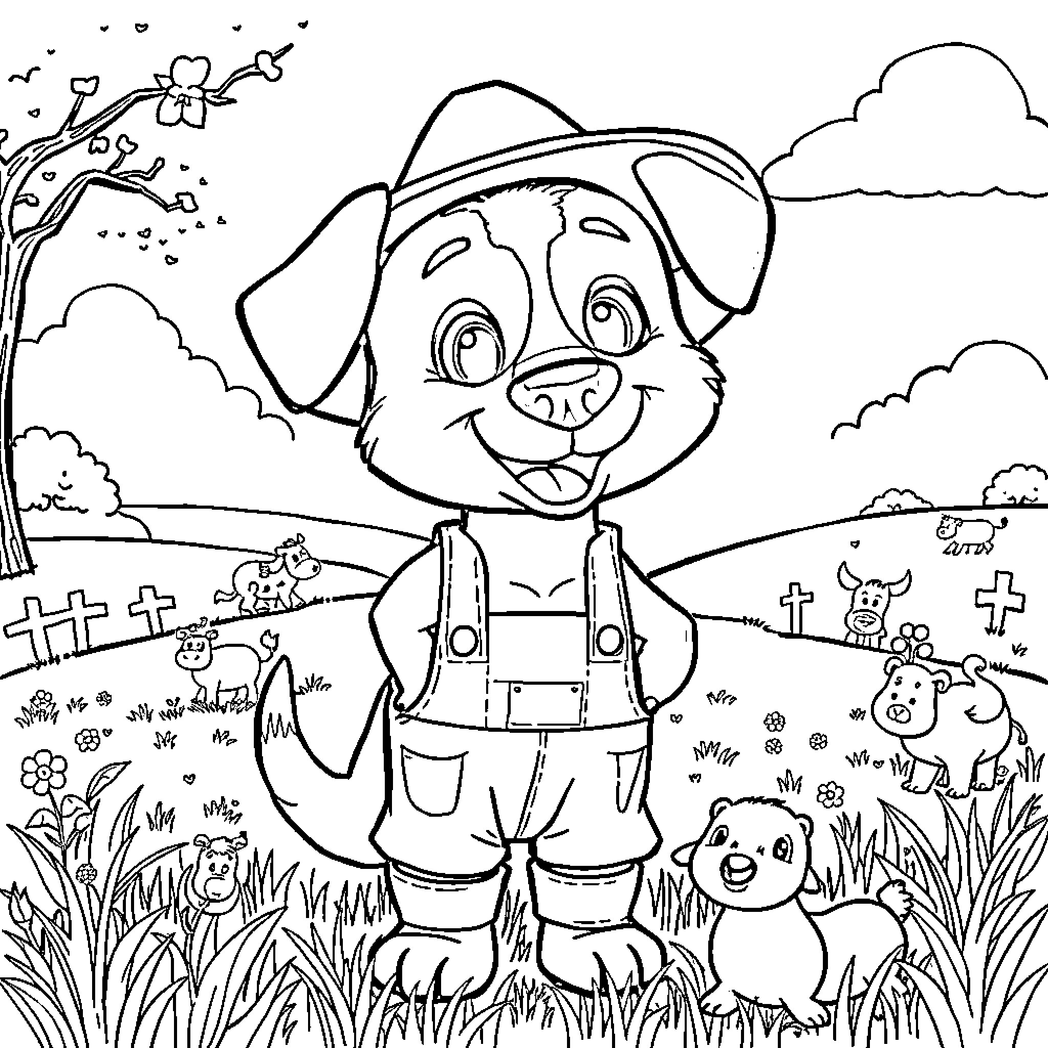Bluey's Outdoor Adventure with Pals Coloring Page (free black-and-white line drawing printable PDF for all, from beginners to advanced learners, including children, teens, adults, and seniors)