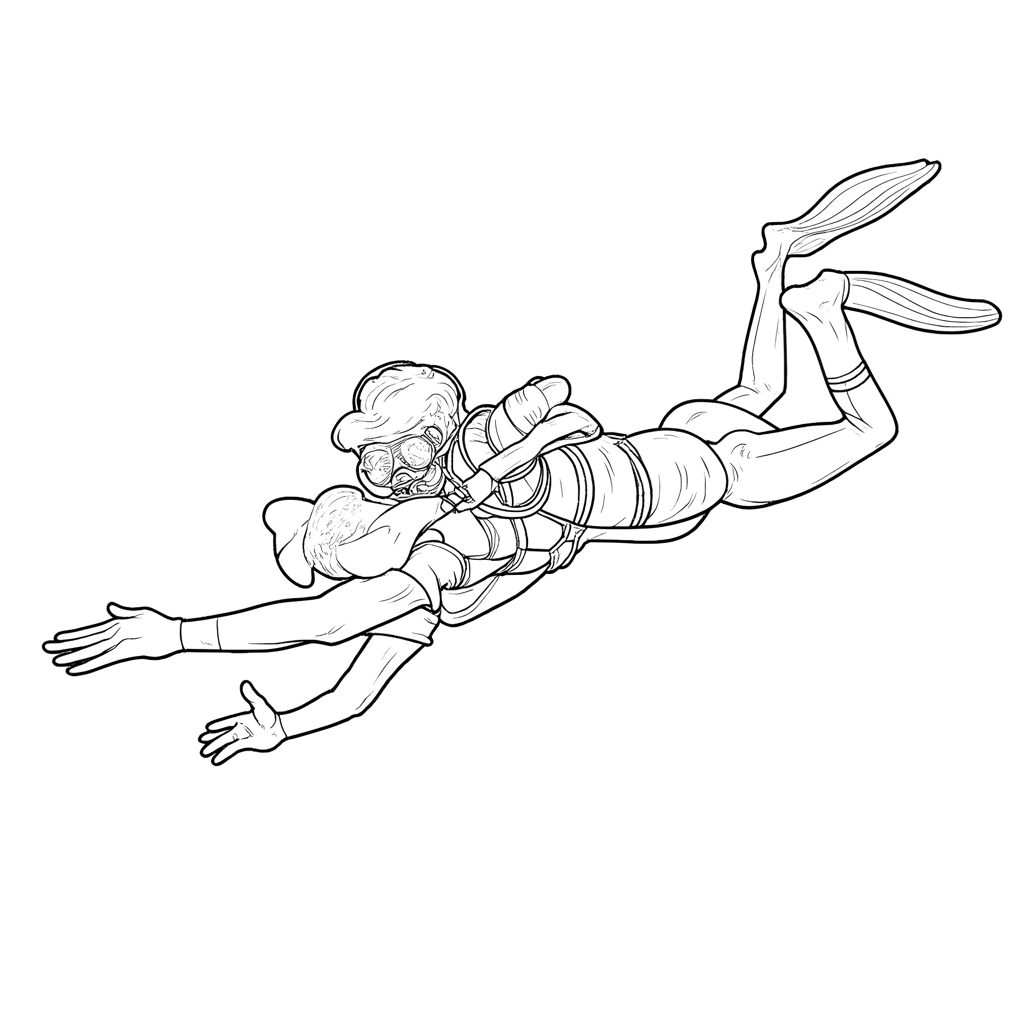 Diver exploring underwater marine life Coloring Page (free black-and-white line drawing printable PDF for all, from beginners to advanced learners, including children, teens, adults, and seniors)