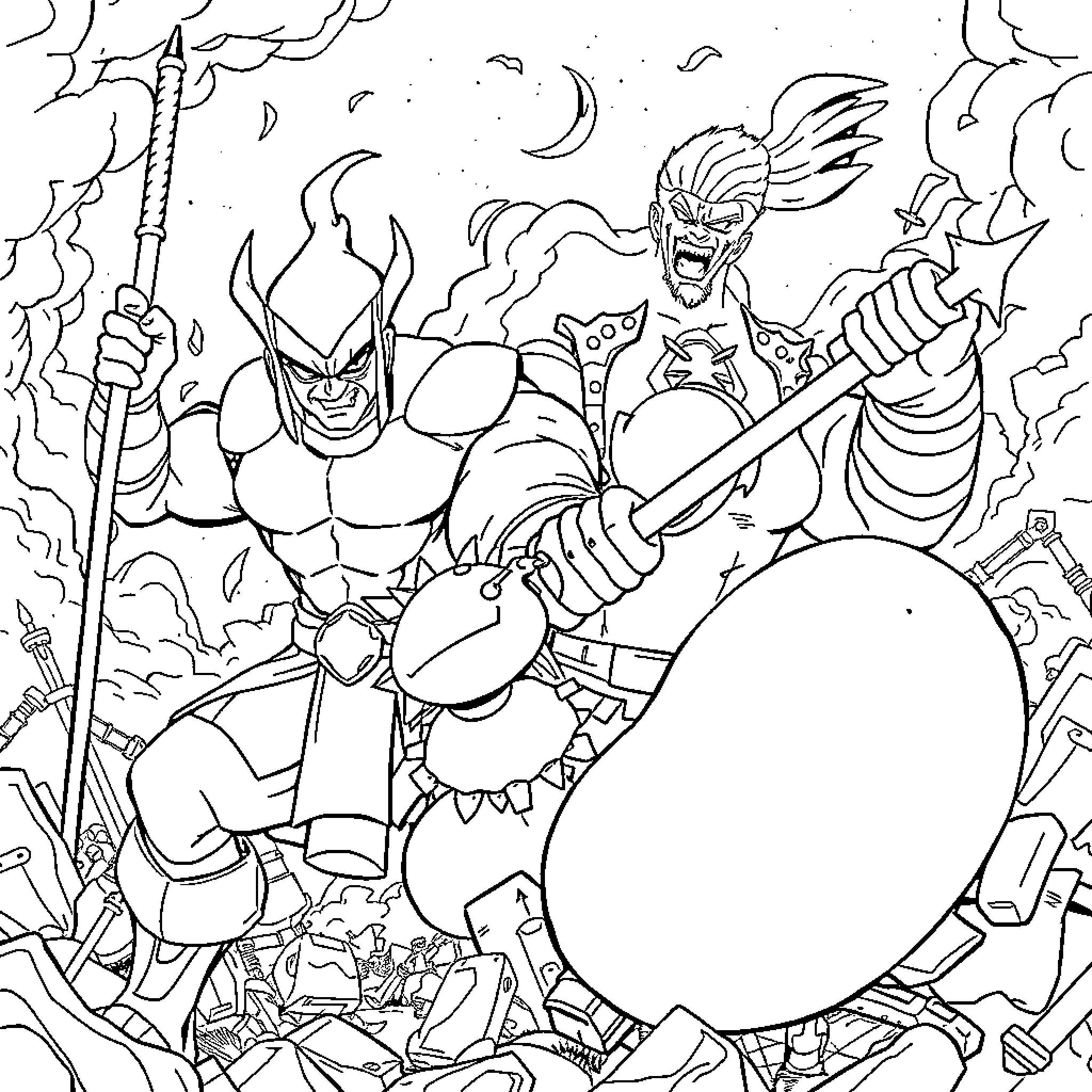 Cell of two fierce warriors engaged in battle Coloring Page (free black-and-white line drawing printable PDF for all, from beginners to advanced learners, including children, teens, adults, and seniors)