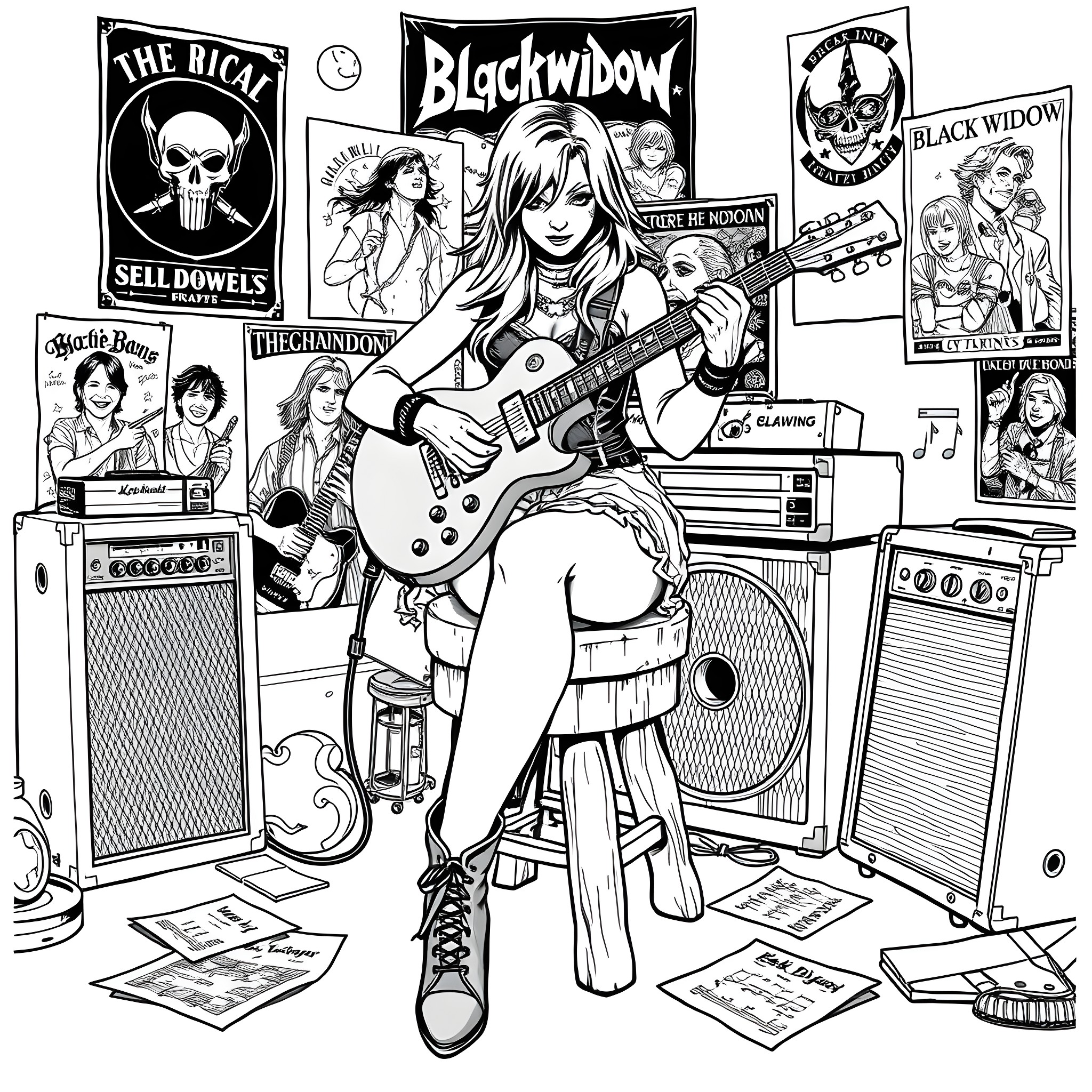 Blackwidow's Rock and Roll Rebellion Coloring Page (free black-and-white line drawing printable PDF for all, from beginners to advanced learners, including children, teens, adults, and seniors)