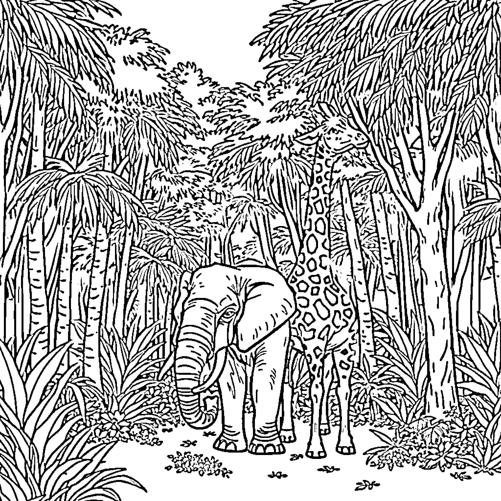 Elephant walking through lush jungle foliage Coloring Page (free black-and-white line drawing printable PDF for all, from beginners to advanced learners, including children, teens, adults, and seniors)