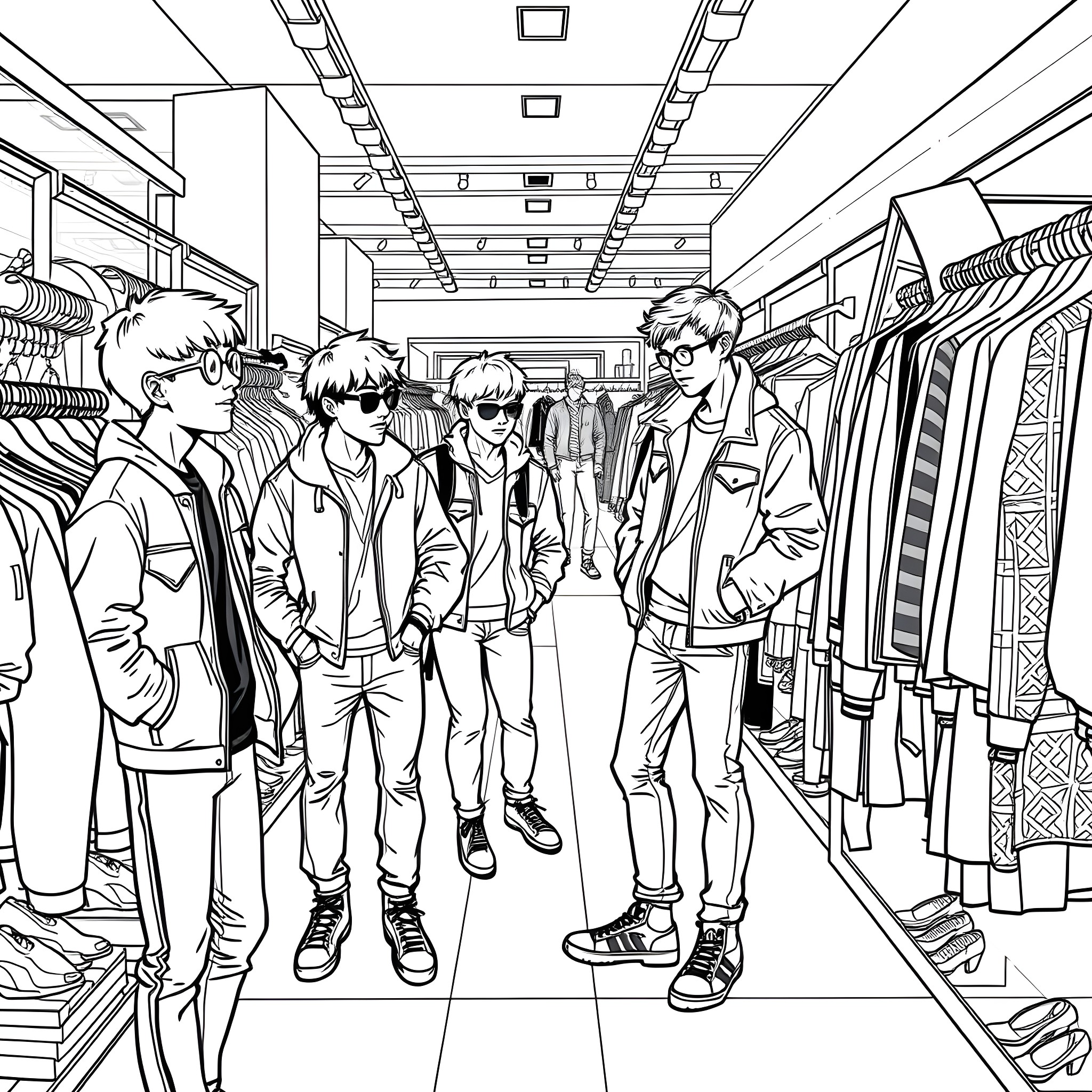Teen Guys Exploring and Hanging Out in Clothing Store Coloring Page (free black-and-white line drawing printable PDF for all, from beginners to advanced learners, including children, teens, adults, and seniors)