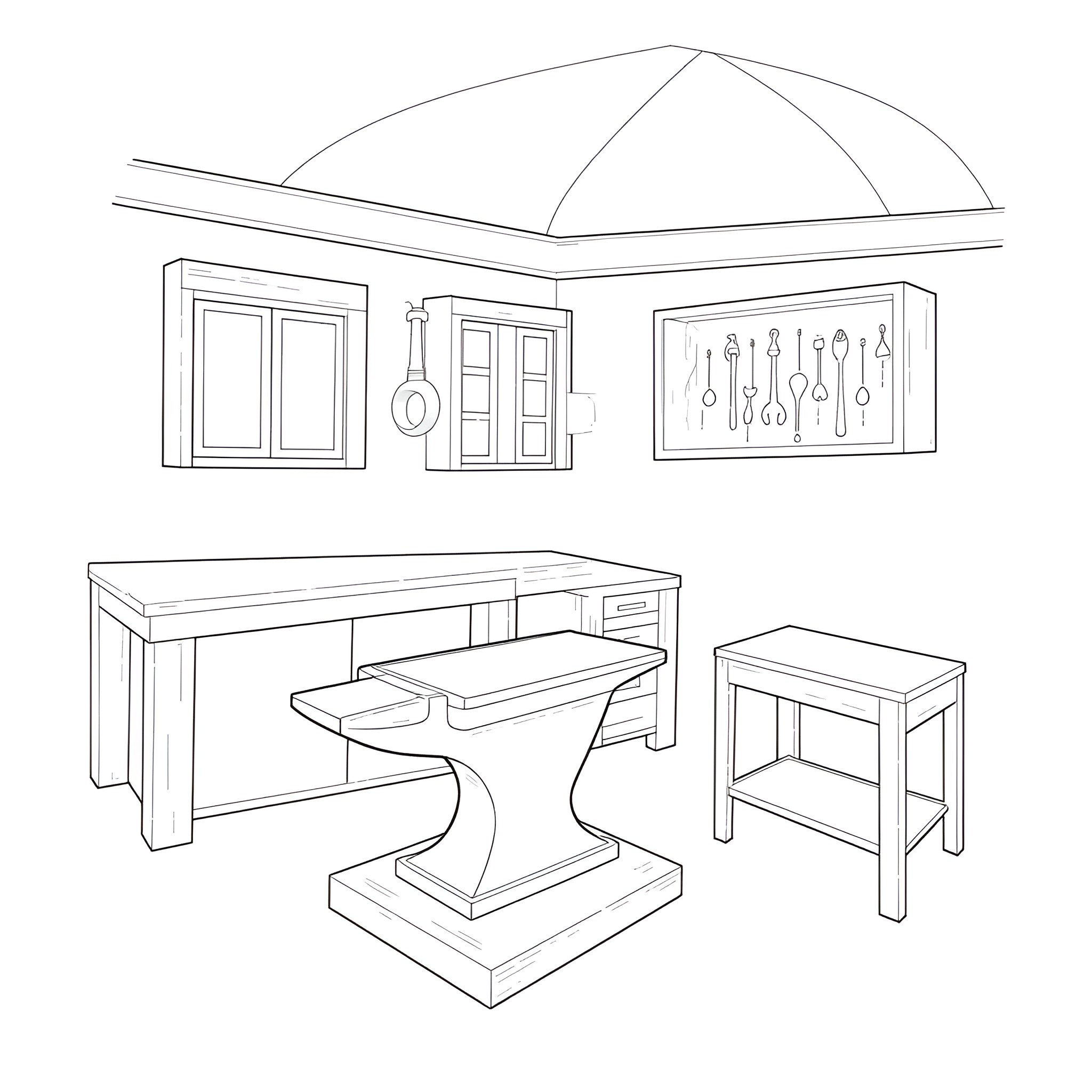 Blacksmith's Workshop with Anvil and Tools Coloring Page (free black-and-white line drawing printable PDF for all, from beginners to advanced learners, including children, teens, adults, and seniors)