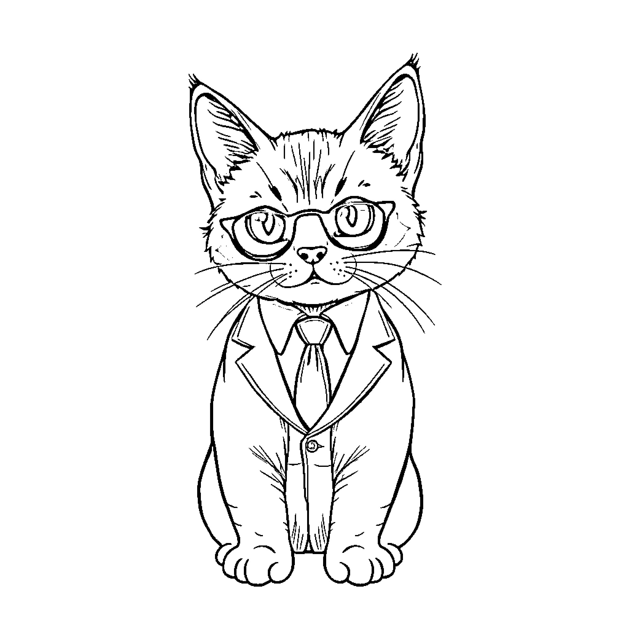 Cat wearing formal attire and eyeglasses Coloring Page (free black-and-white line drawing printable PDF for all, from beginners to advanced learners, including children, teens, adults, and seniors)
