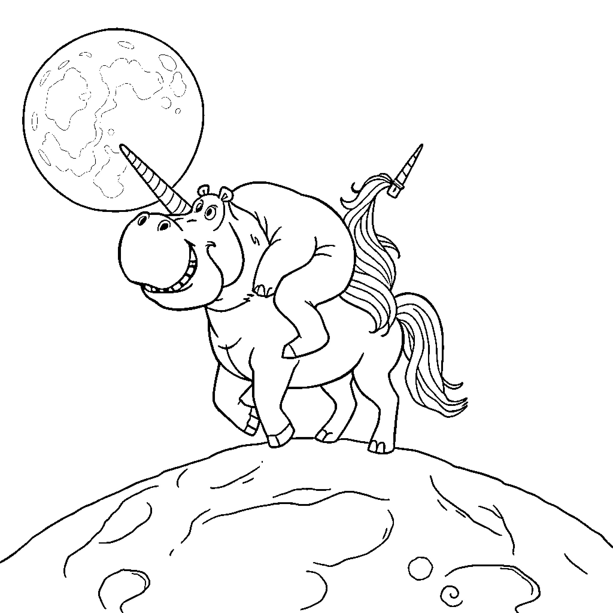 Hippo unicorn exploring the moon landscape Coloring Page (free black-and-white line drawing printable PDF for all, from beginners to advanced learners, including children, teens, adults, and seniors)