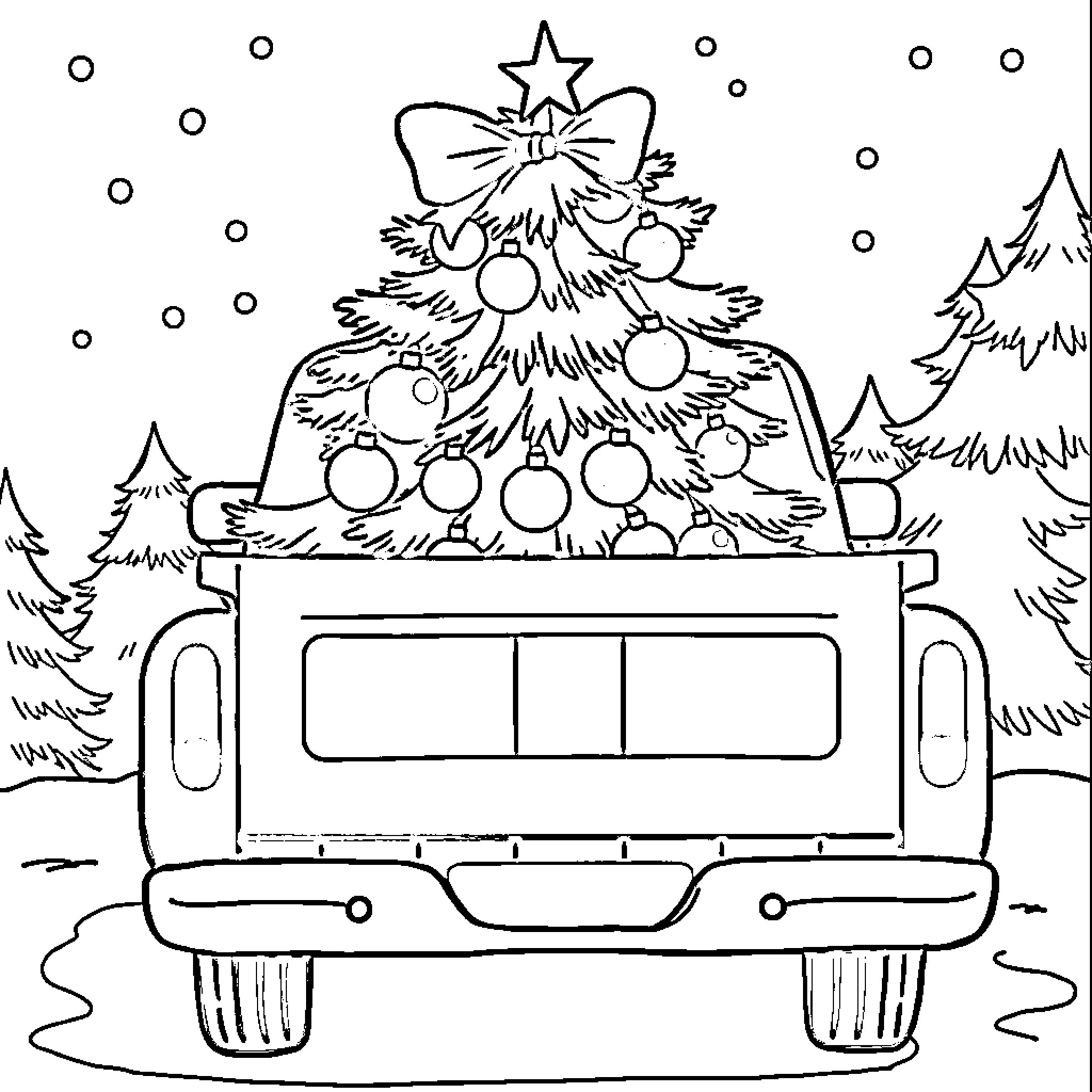 Truck transporting Christmas tree in winter landscape Coloring Page (free black-and-white line drawing printable PDF for all, from beginners to advanced learners, including children, teens, adults, and seniors)